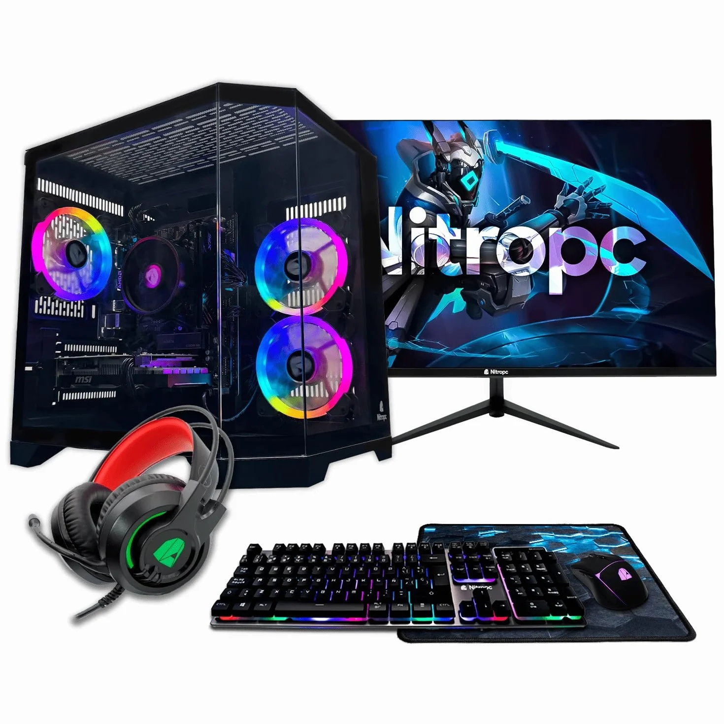NitroPC - Pack Avanzado | PC Gaming Completo (Intel Core i5 12400F 6/12 4,40 GHz, RTX 3050 8GB, RAM 16GB, M.2 1TB, Windows 11 PRO | WiFi, Monitor 24", Teclado, ratón, Auriculares) PC sobremesa (Negro)