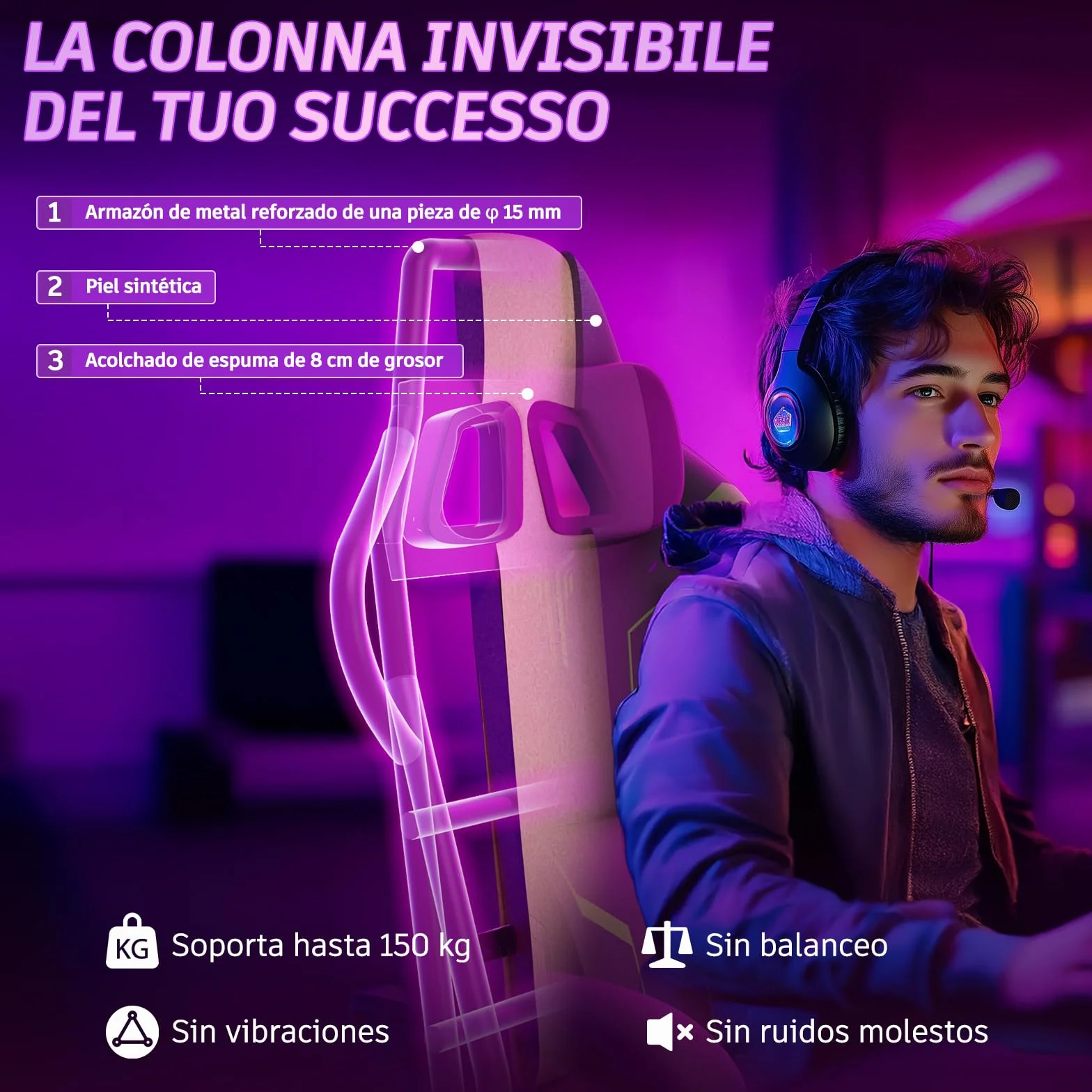 Soontrans Silla Gaming con Masaje Lumbar, Reposapiés Retráctil, Respaldo Inclinable 135°, Carga 150kg (Cuero Gris)