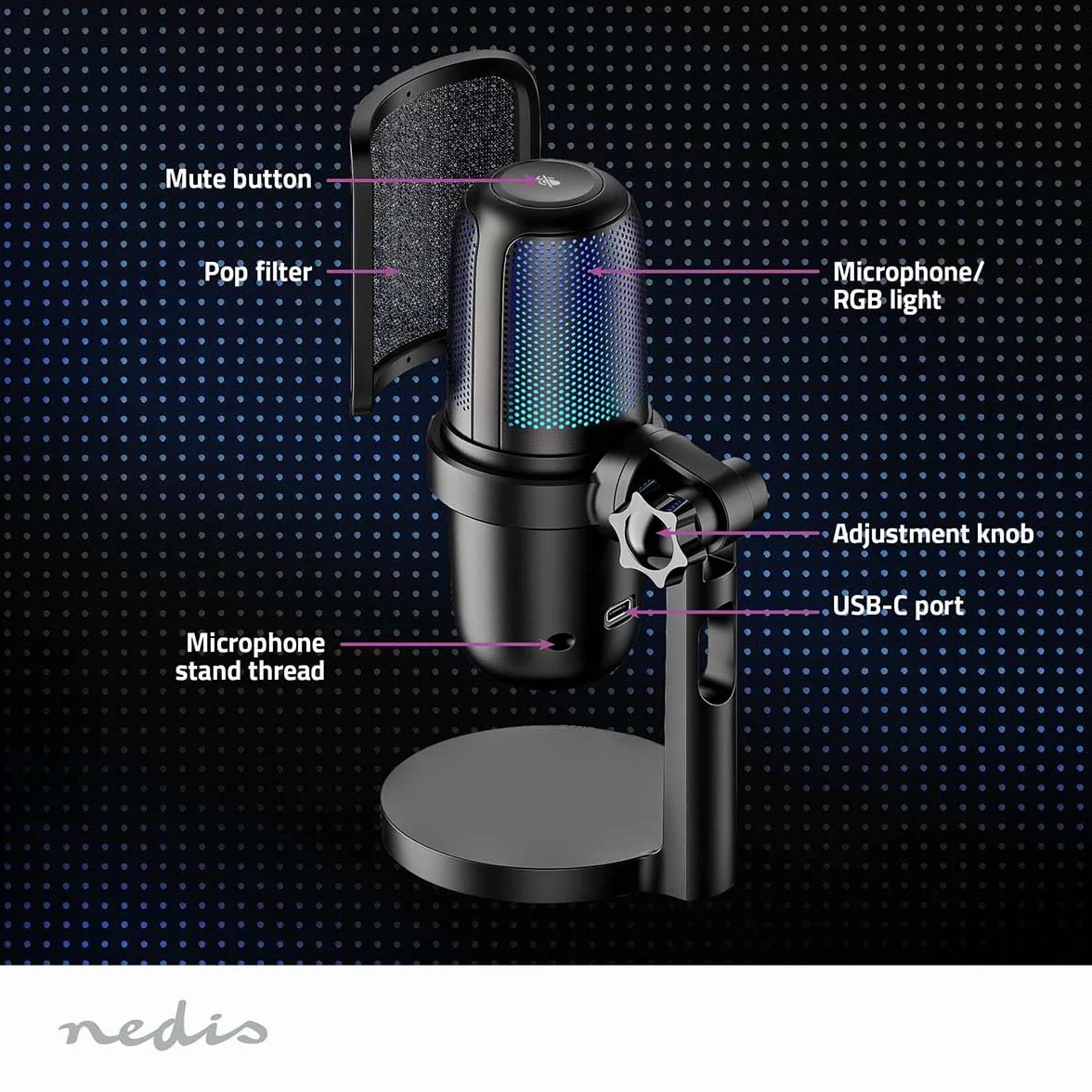 NEDIS Micrófono para Streaming y Gaming - Utilizado para: sobremesa/portátil - USB Type-A - Interruptor de Encendido/Apagado - Filtro Pop