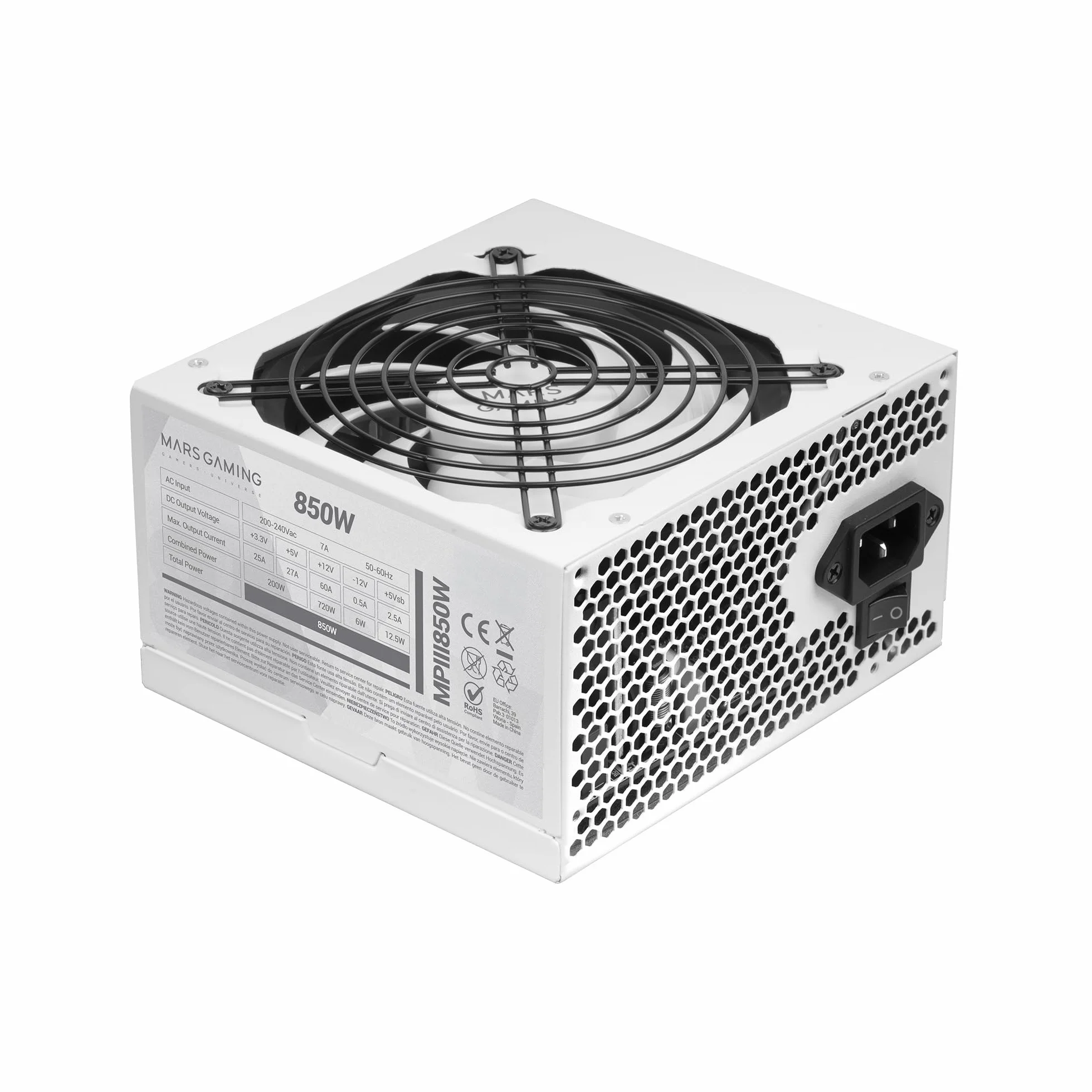Mars Gaming MPIII850, Fuente Alimentación ATX 850W, 5 Años de Garantía, 85% Eficiencia, Sistema Digital APFC, Ventilador FDB 120mm AI-RPM, Tecnologías DC-DC y SMD, Cables Planos Extralargos, Blanco