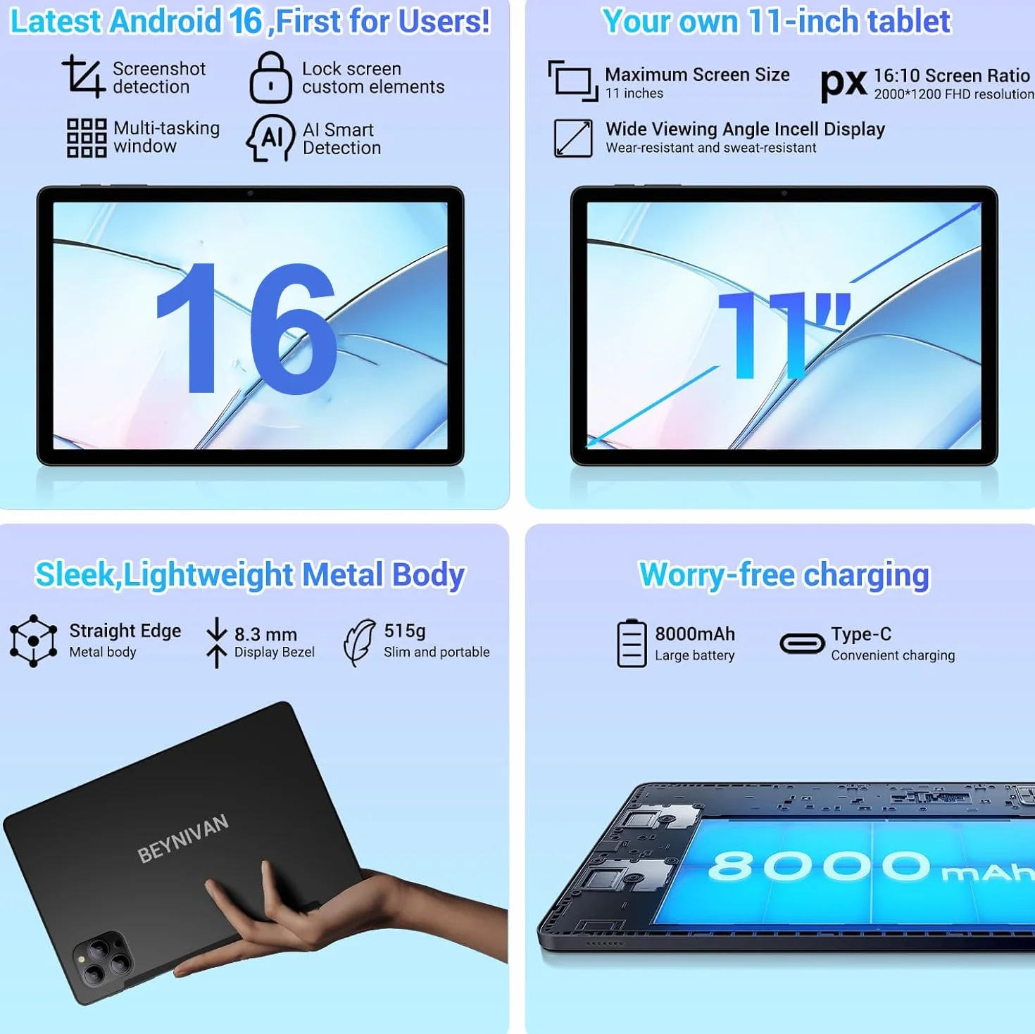 Android 16 Tablet 11 Pulgadas Gemini Ai Octa-Core T615 36GB RAM 512GB ROM Widevine L1 Netflix 1080P FHD 8000 mAh Cámara 16MP+8MP GPS Teclado Negro