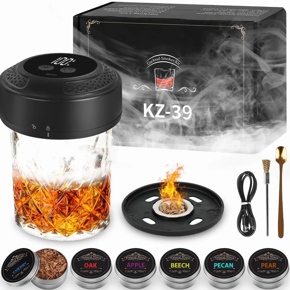 Ahumador de Whisky Eléctrico Portátil, Kit Ahumador para Cócteles Recargable con 6 Virutas de Madera