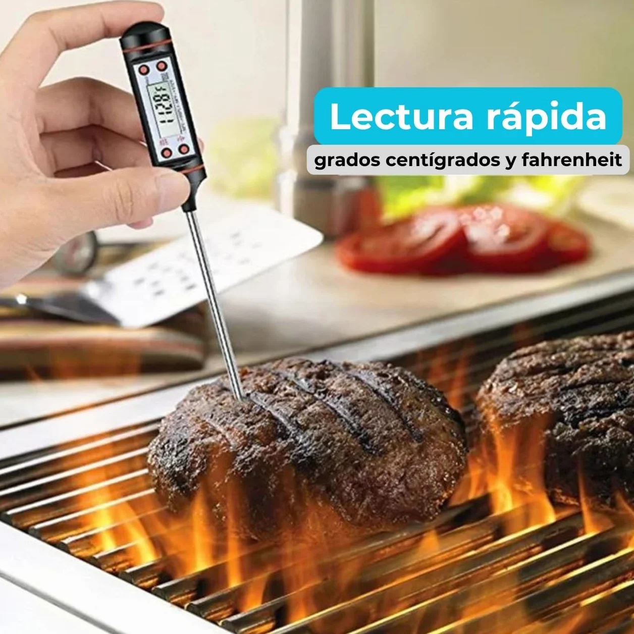 Termómetro Digital Cocina Alimentos Líquidos Aceite Carne Barbacoa Medición Rápida Alta Precisión Pantalla LCD Sonda Acero Inoxidable Apagado Automático Negro
