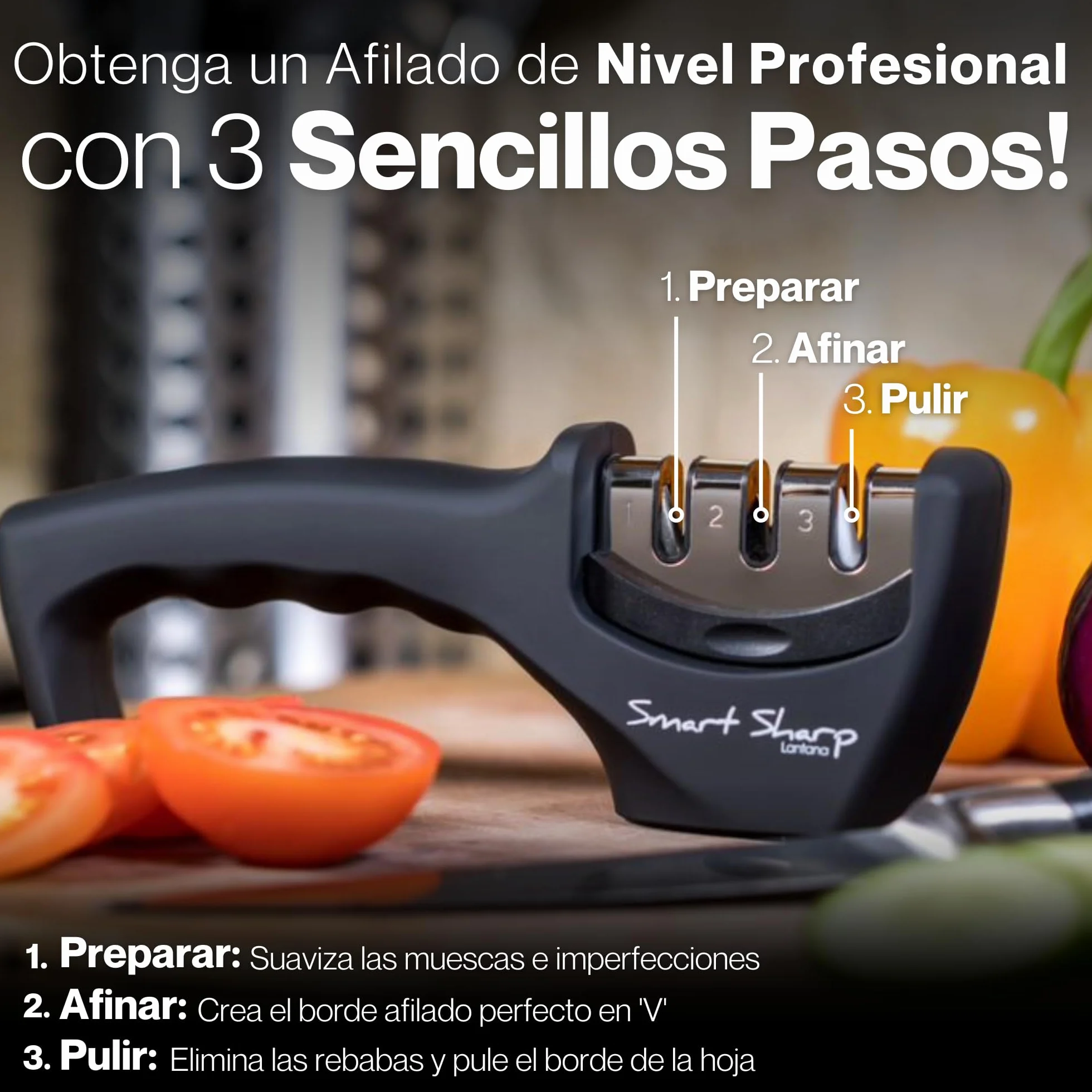 Afilador de cuchillo inteligente Lantana, 3 etapas, manual profesional