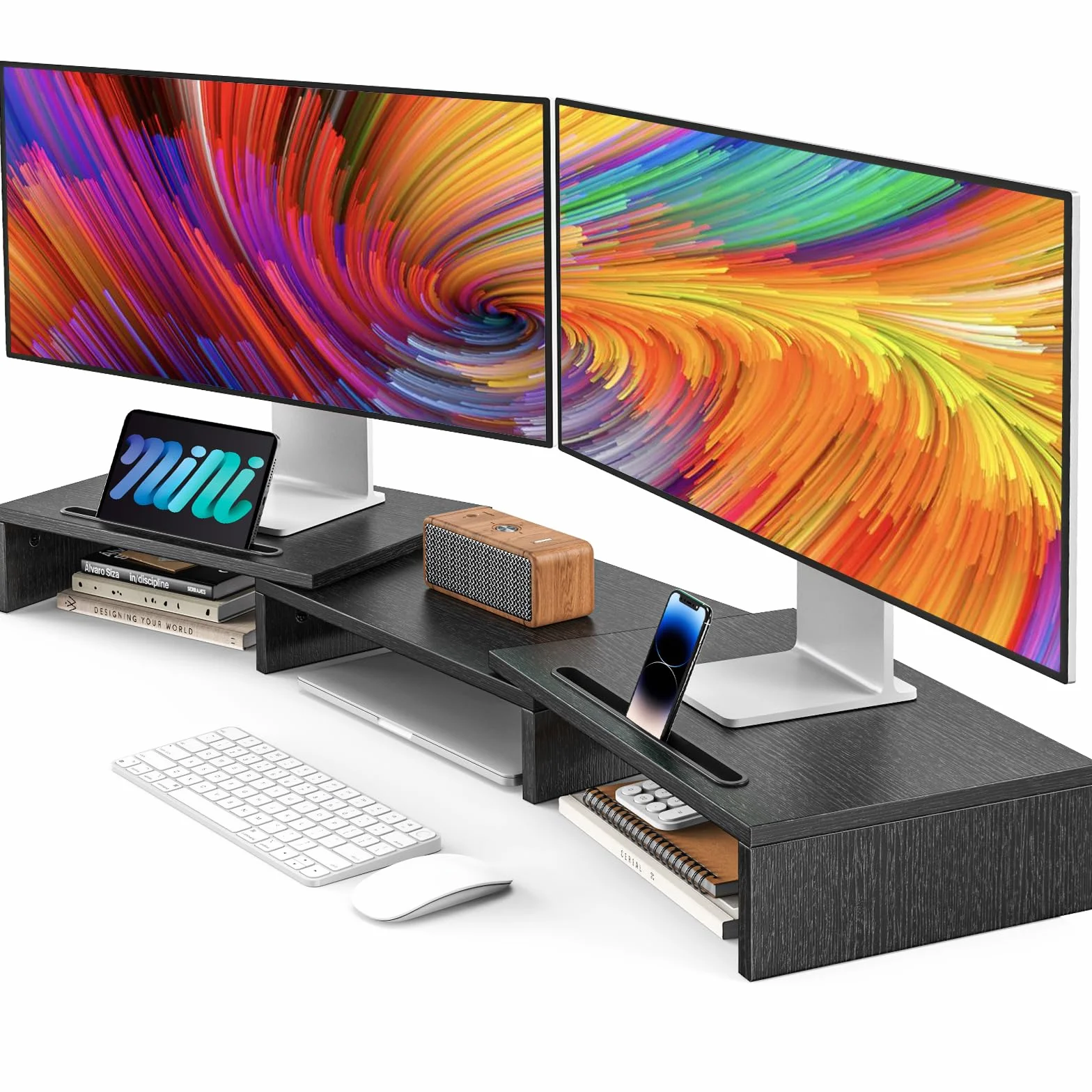AMERIERGO Soporte Elevador para 2 Monitores, Soporte Monitor Escritorio, Soporte Ajustable Monitor Computadora con 2 Ranuras, Organizador Multifuncional Escritorio Portátil, PC, Ordenador, Impresora
