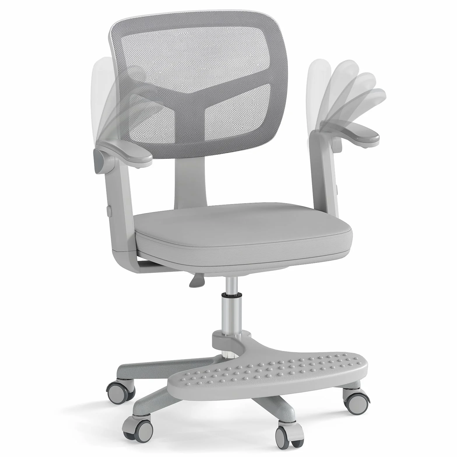 LIFEZEAL - Silla de Oficina Infantil Giratoria 360° con Reposapiés, Silla de Estudio con Altura Ajustable, Apoyabrazos Elevables, Silla Ergonómica para Niños, Carga 150 kg (Gris)