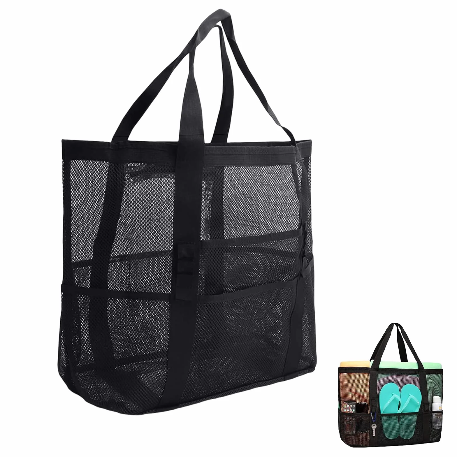 Bolsa de playa de malla grande reutilizable con cremallera, bolsa de cosméticos plegable (negro)