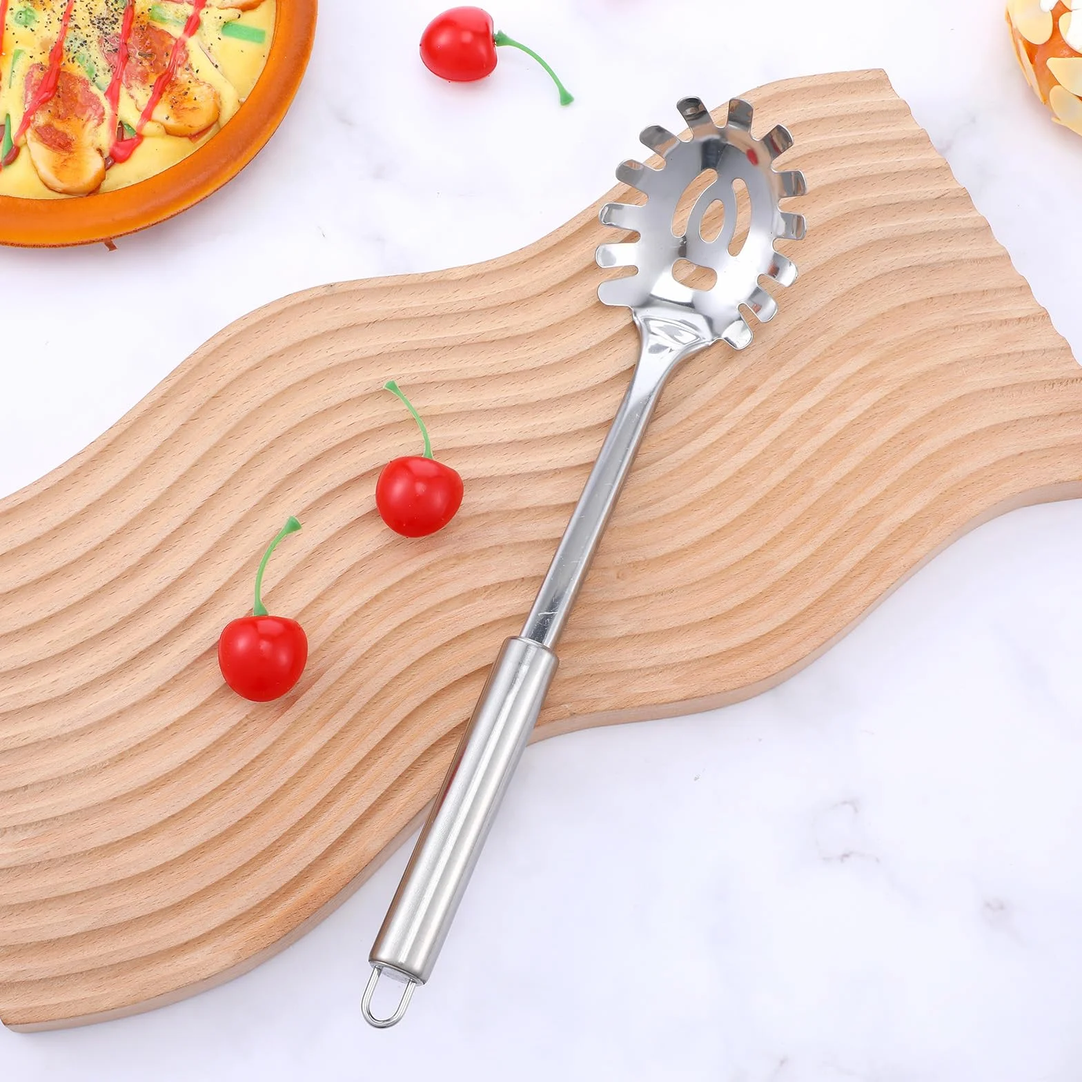 Cuchara de espagueti de acero inoxidable 12 pulgadas, cucharón de pasta con mango ergonómico