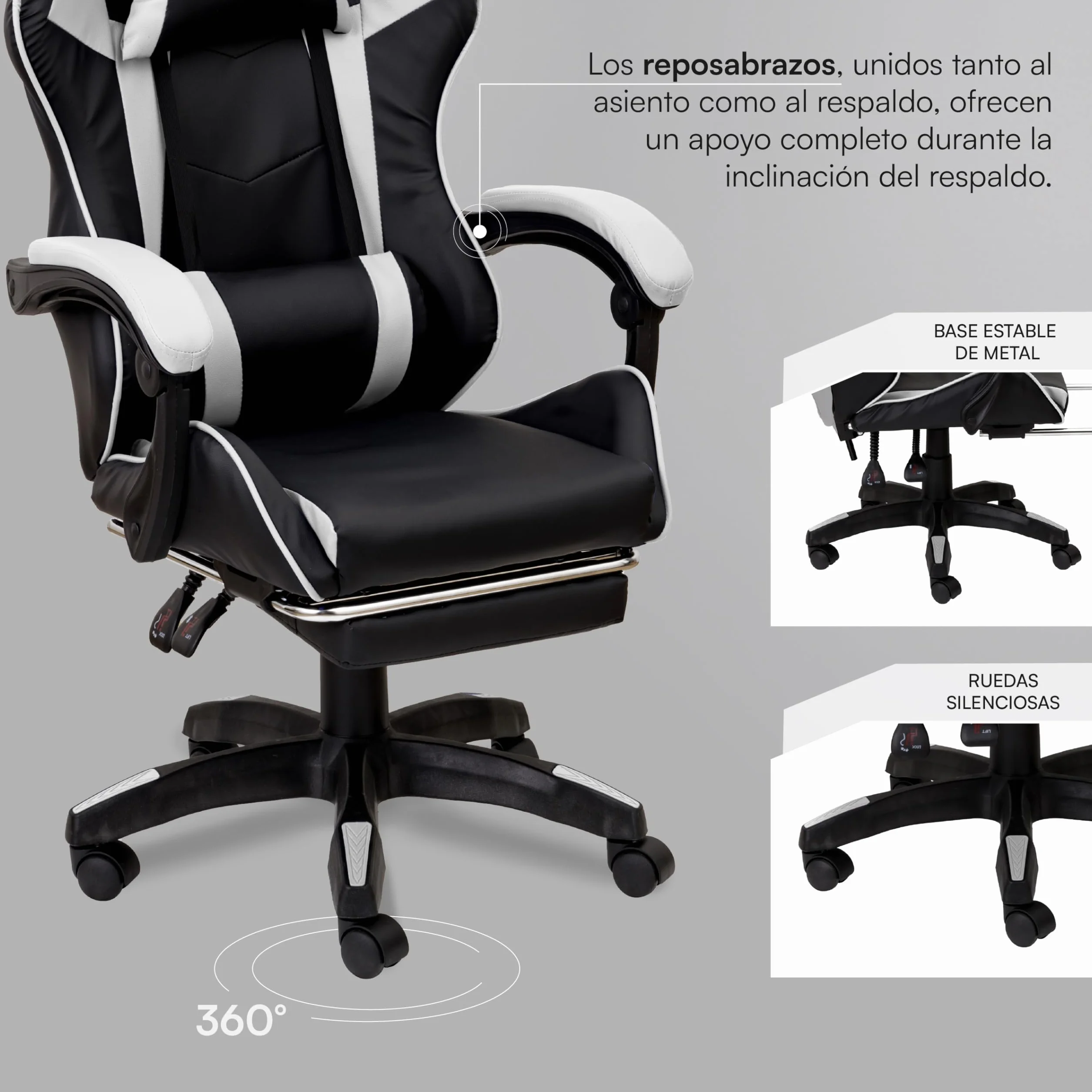 Baroni Home Silla Gaming Ergonómica Inclinable Altura Regulable, Soporte Lumbar, Reposacabezas Acolchado, Reposapiés Extraíble, Blanco, 58x66x114-124 cm