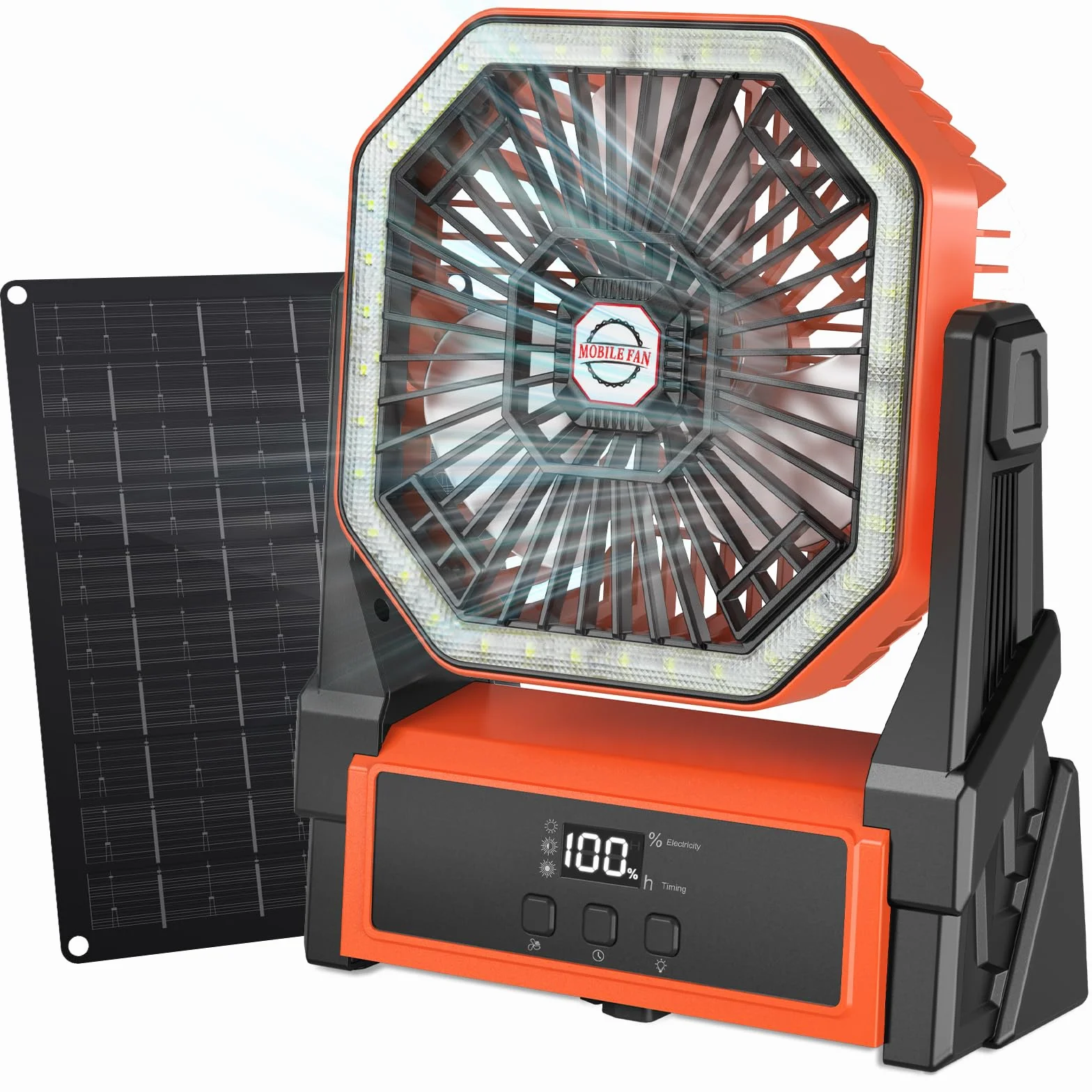 Ventilador Solar de Camping Con Panel 10W, 10000mAh USB Recargable Portátil Con Pantalla LED, Temporizador, Luz, 4 Velocidades a Batería para Exterior (Naranja)