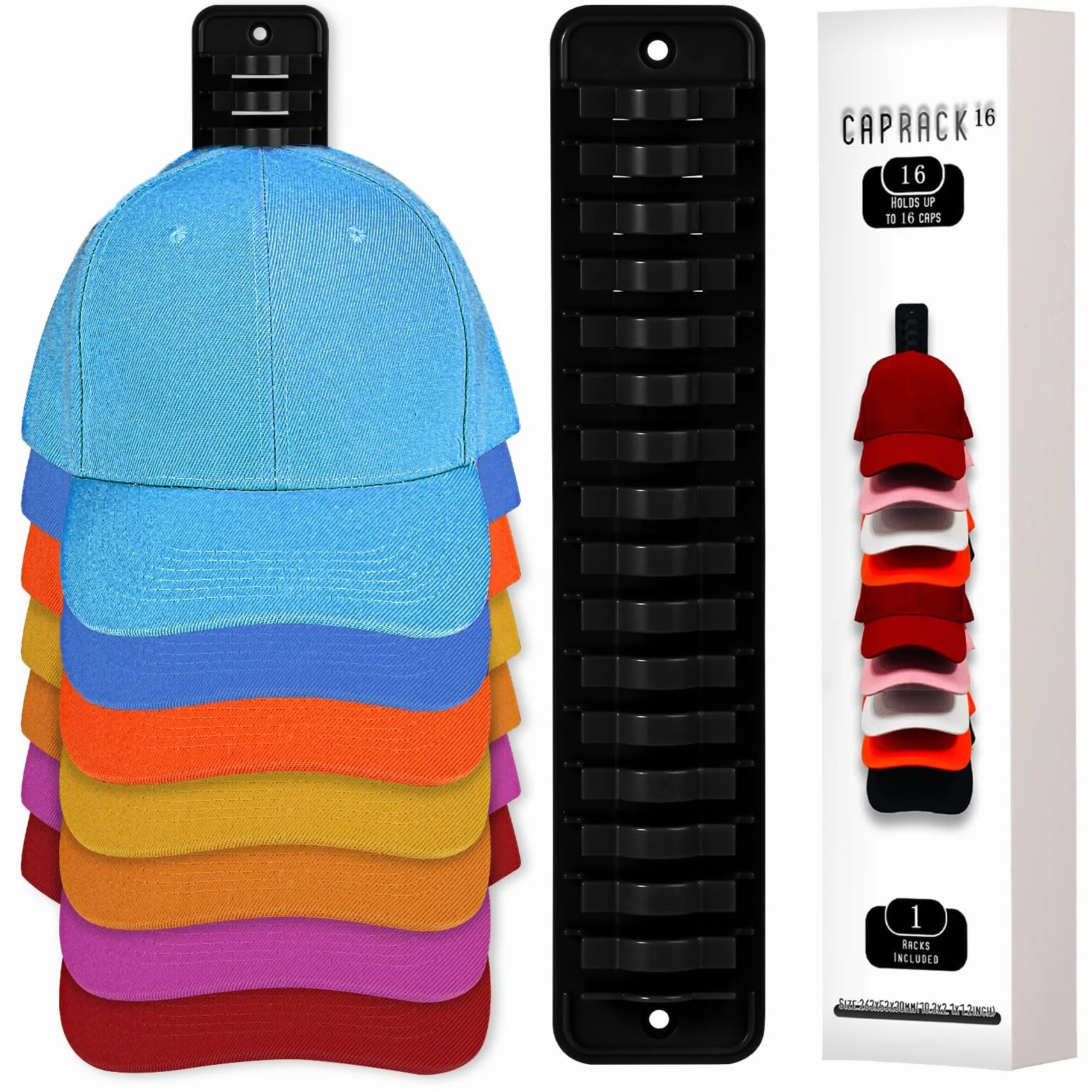 Perchero Organizador de Gorras para Pared o Puerta - 1 Paquete con Capacidad para 16 Unidades - Instalación con Gancho Adhesivo o Taladro, Negro