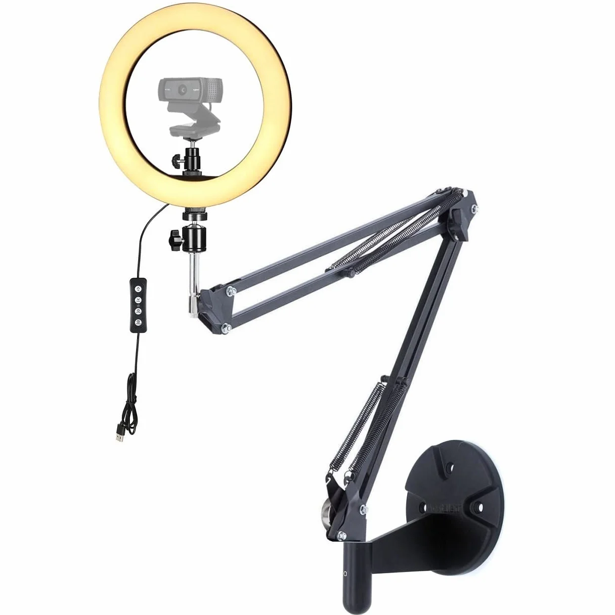 Soporte de pared para cámara web con brazo de soporte de luz de anillo de 26 cm compatible con cámaras web Logitech C920s StreamCam C922x C930 C925e Brio C615 (carga máxima 0,5 kg, longitud máxima