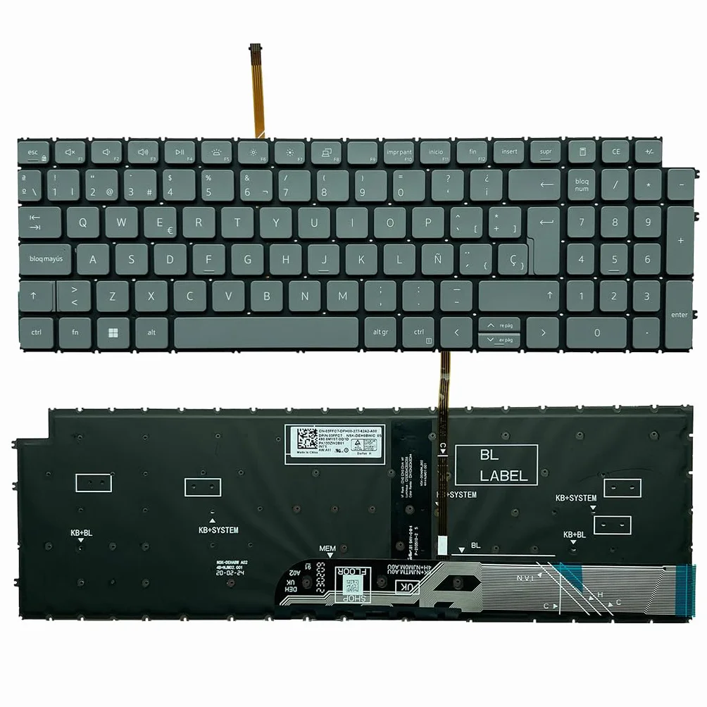 Teclado de portátil para DELL Vostro 15 3510 3515 3520 P112F 3525 5510 5515 7510 16 5620 5625 7620 P117F003 Gris con retroiluminación Diseño en español