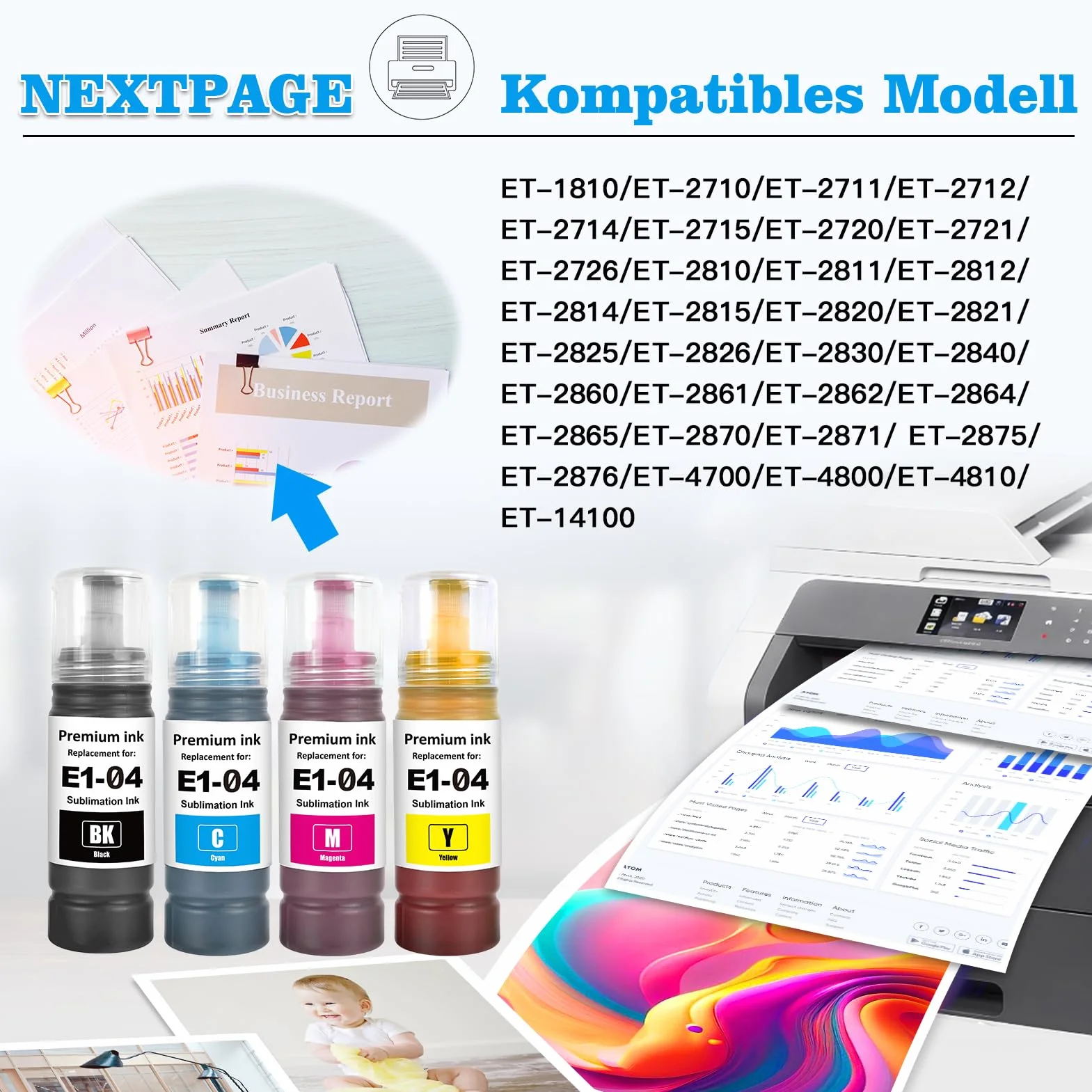 Nextpage 104 tinta de sublimación Multipack compatible con Epson EcoTank ET-1810/ET-2710/ET‑2711/ET-2712/ET-2714/ET-2715/ET-2720/ET-2721/ET-2726/ET-2810/ET-2811/ET-2811/ET-2721 T-2812 Negro Cian