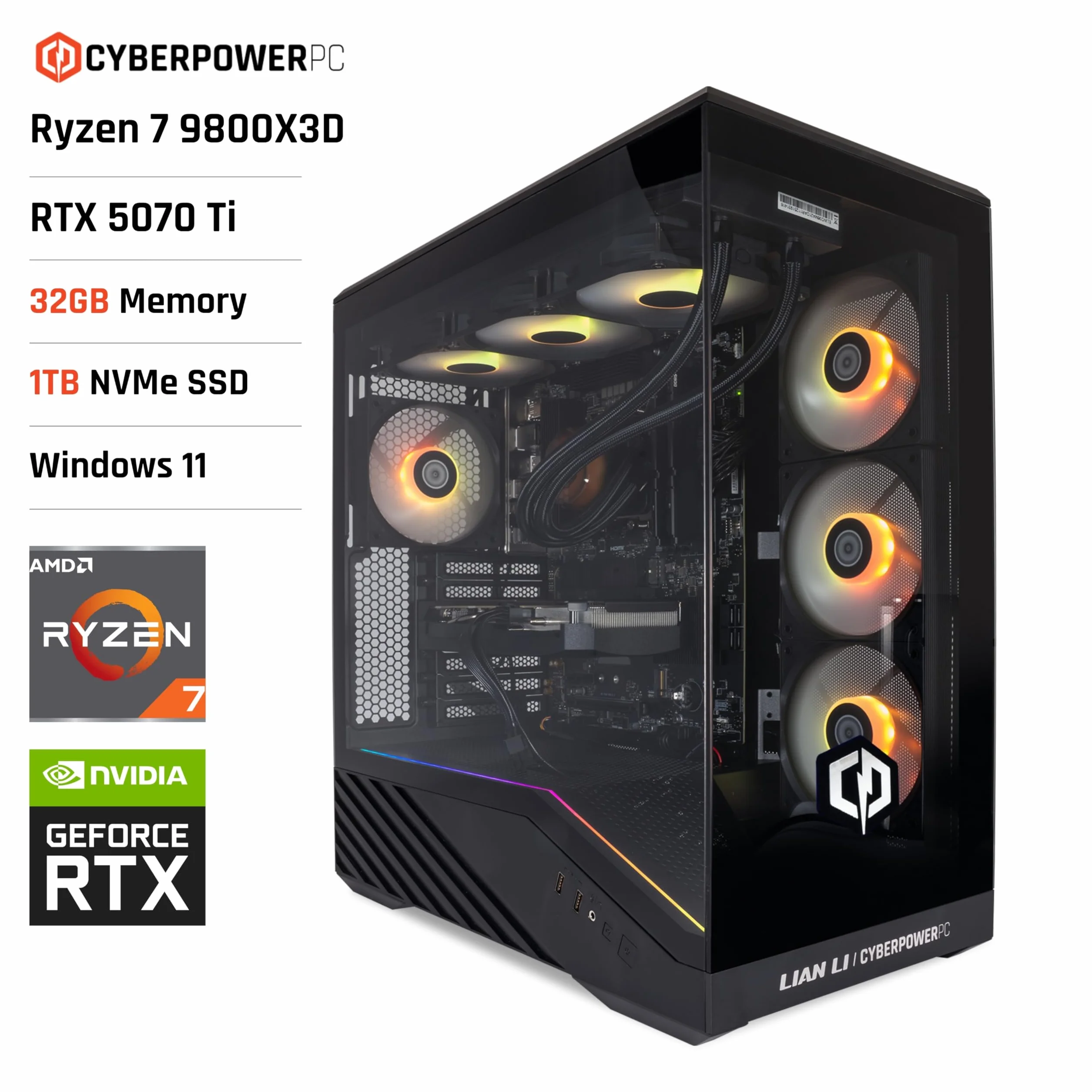 CYBERPOWERPC Luxe Gaming PC - AMD Ryzen 7 9800X3D, Nvidia RTX 5070 Ti 16GB, 32GB RAM, 1TB NVMe SSD, 750W 80+ PSU, Wi-Fi, Refrigeración a Liquido CPU, Windows 11, V100R RGB