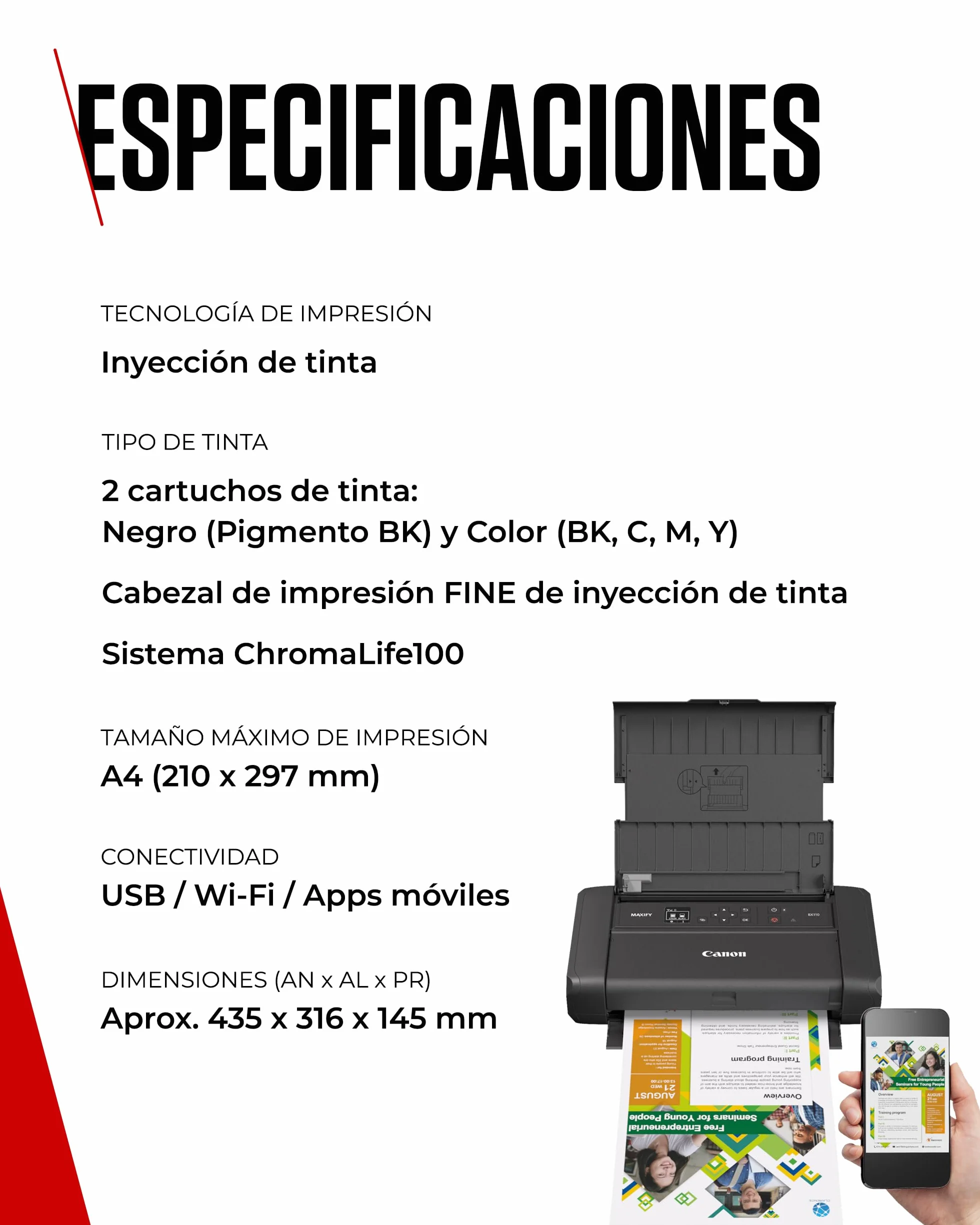 Canon MAXIFY BX110 Impresora Pequeña Inalámbrica - Batería Recargable - Imprime hasta A4 Desde Ordenador, Smartphone | Ideal para Teletrabajo y Viajes