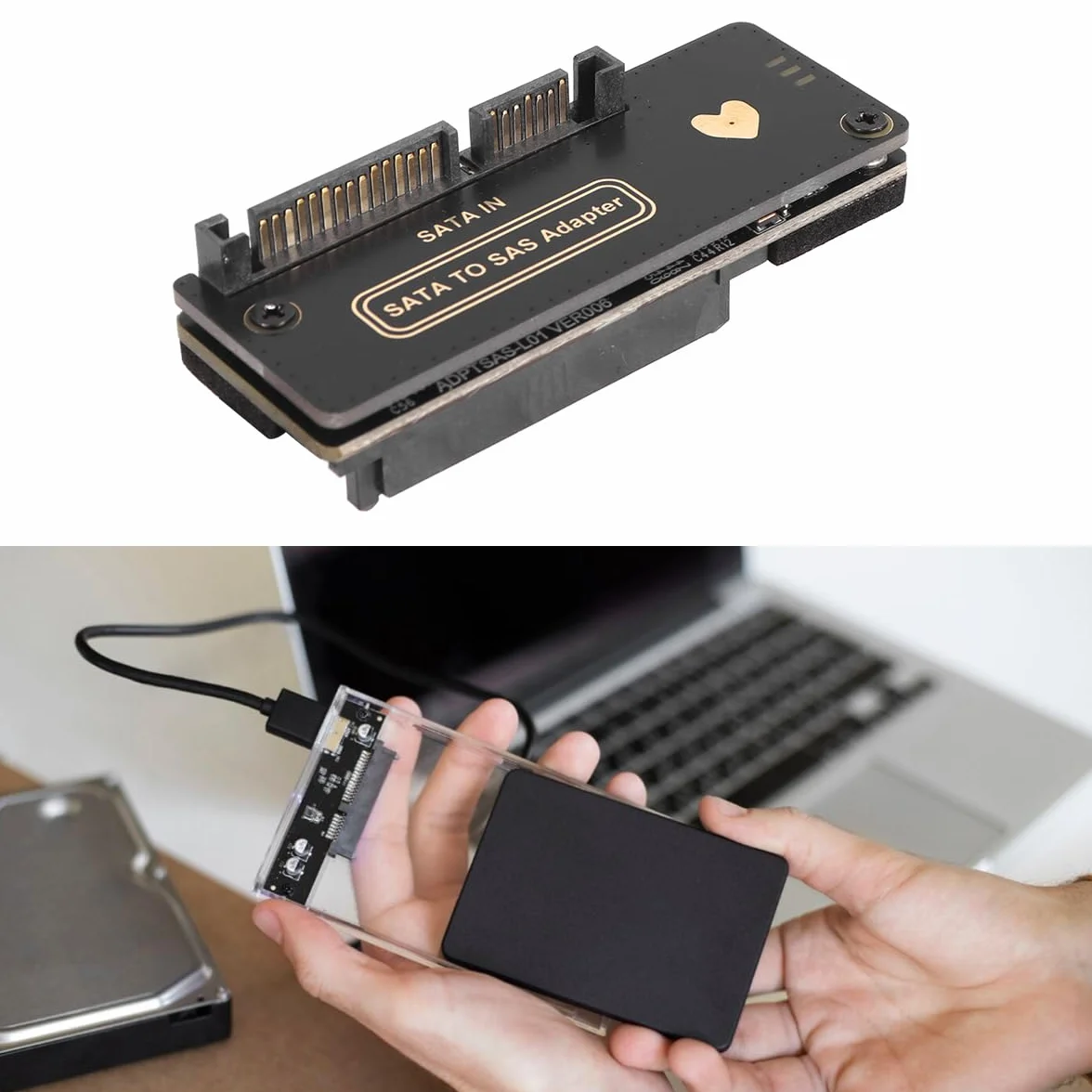 Adaptador RAID SFF-8482 SAS de 29 pines a SATA de 22 pines (7+15) para discos duros, con tarjeta, conector de alimentación y chipset.