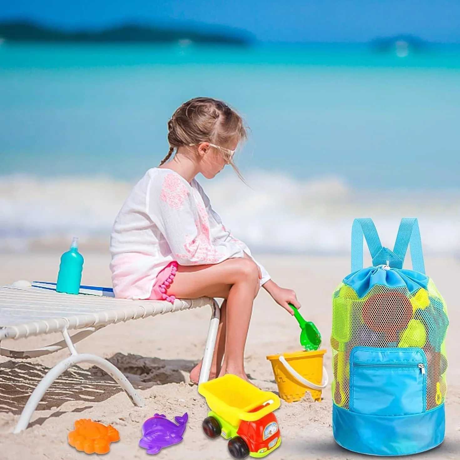 KIMHOME Bolsa para juguetes de playa grande malla plegable drena arena agua