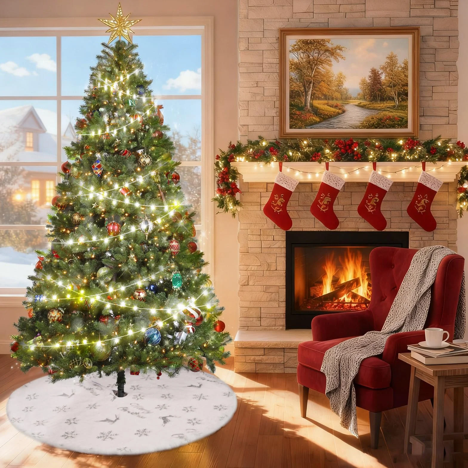 Falda Árbol de Navidad Blanco 75cm Alfombra Blanca con Alce Plateado Copo de Nieve Lentejuelas