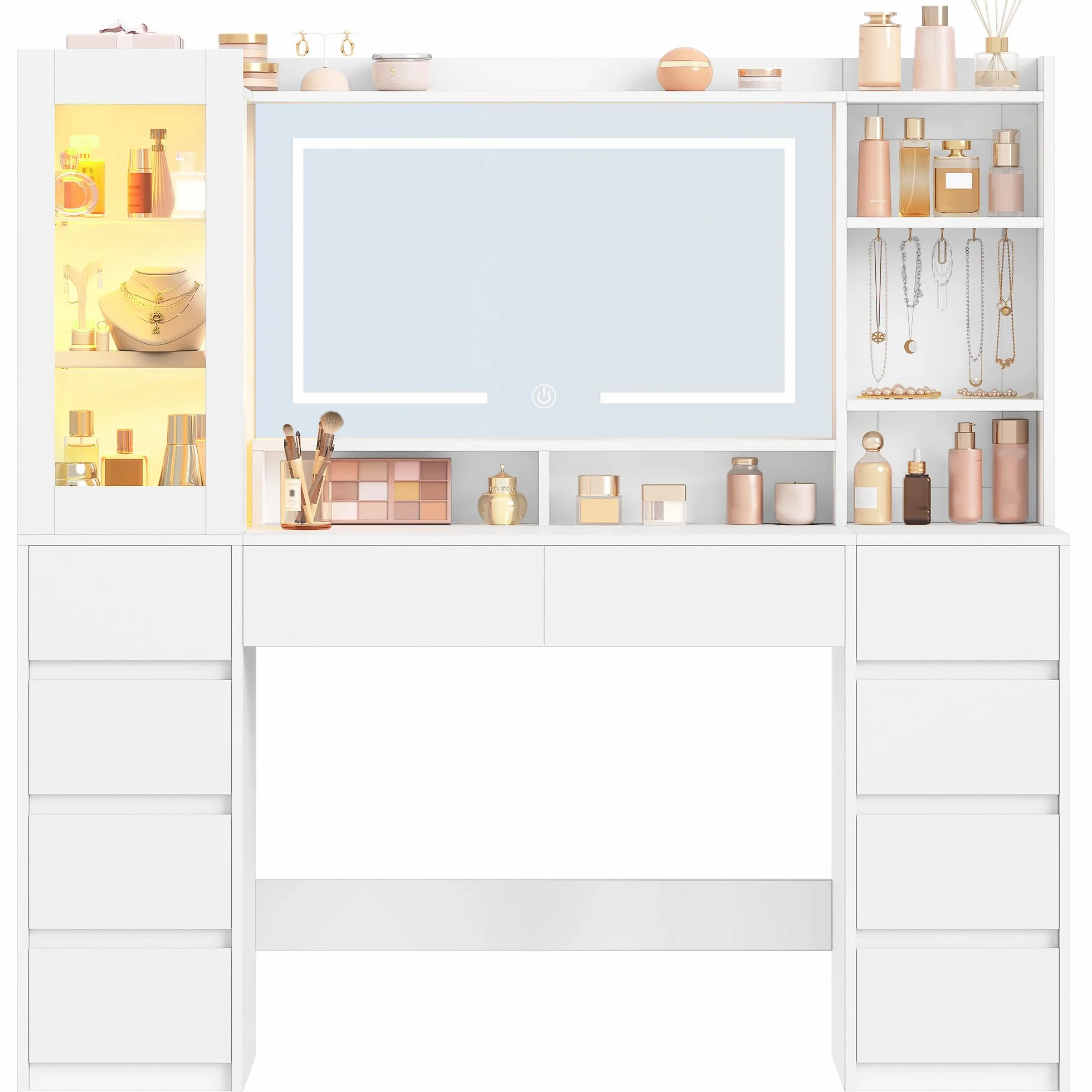 Tocador de Maquillaje Grande 140 cm con Espejo HD, Tira de Luz RGB, 10 Cajones, Blanco