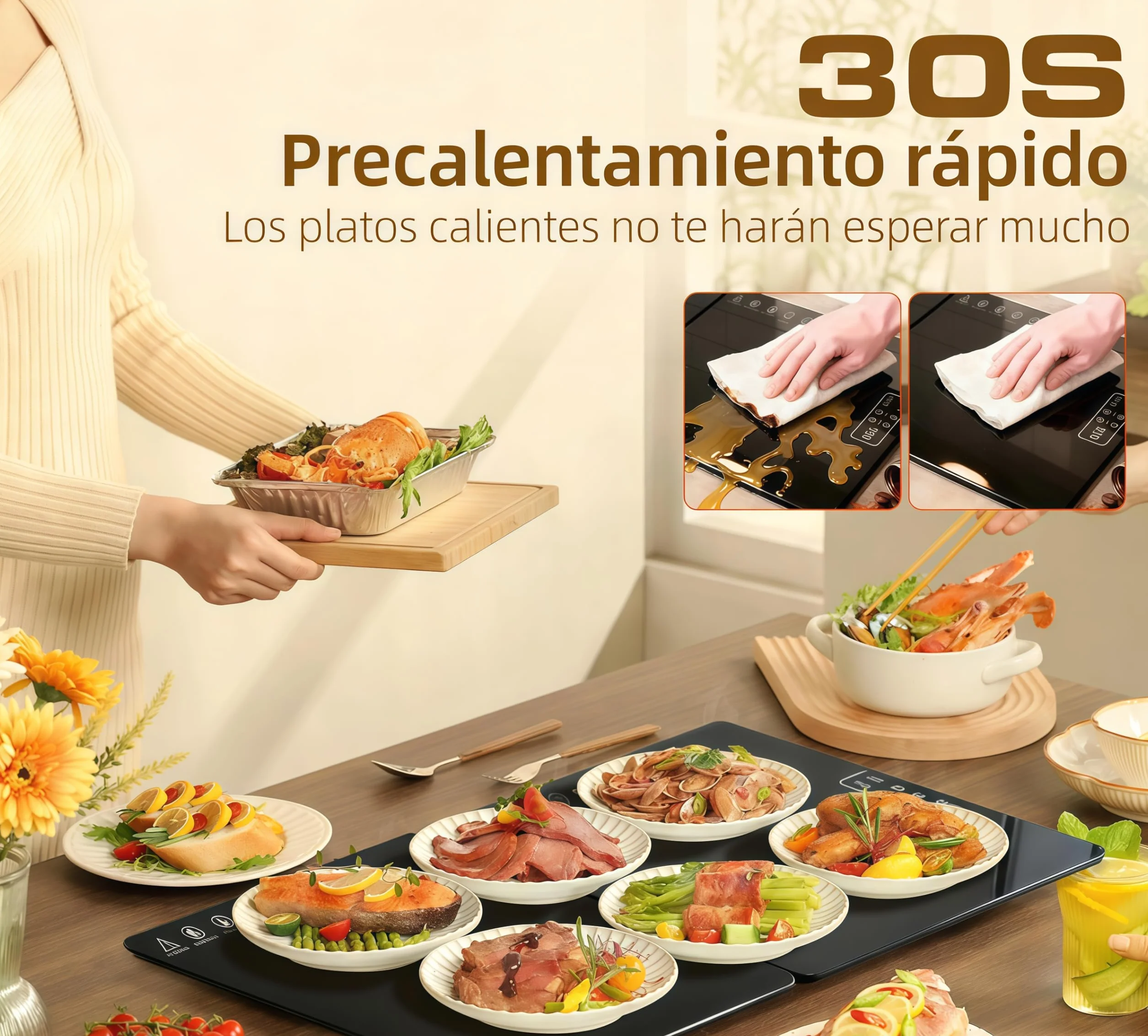 Bandeja Calefactora Eléctrica para Alimentos con Temperatura Ajustable, Plegable para Mantener Caliente o Descongelar