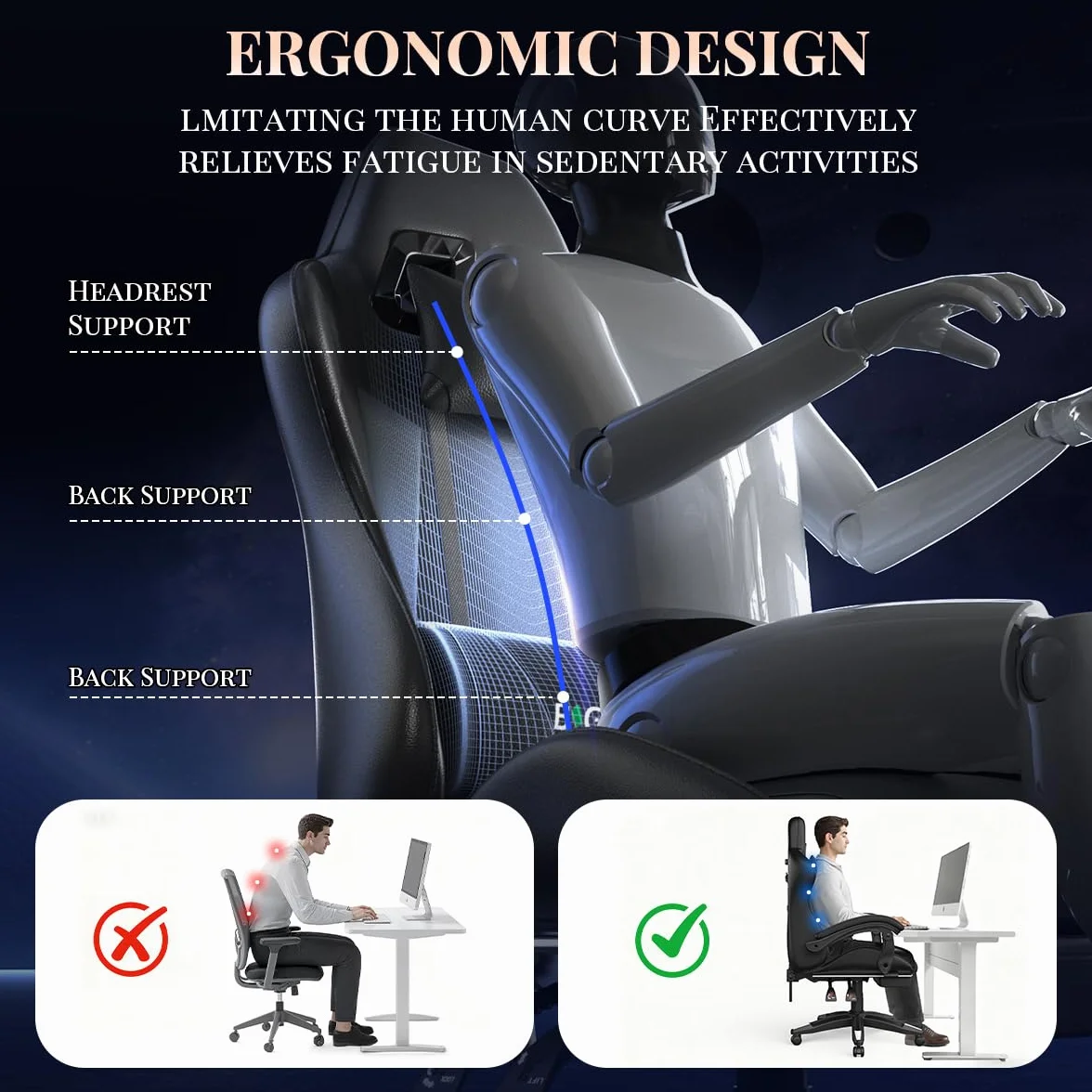 Silla Gaming Ergonómica con Reposapiés y Almohada Lumbar de Masaje, Altura Ajustable - Negro