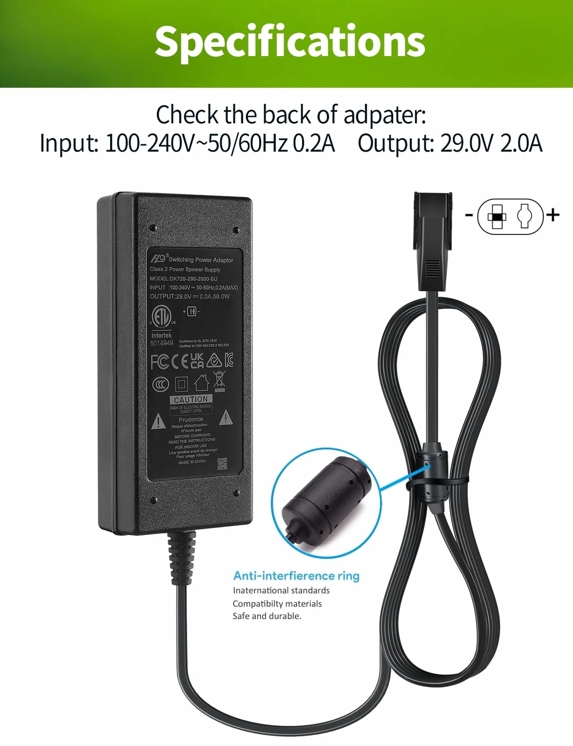 Lonnky Fuente de alimentación 29 V 2 A AC/DC para elevadores reclinadores y sofás eléctricos, repuesto para OKIN, Limoss, Pride, Golden, La-Z-Boy, Med-Lift, Tranquil Ease, cable de motor de 0,5 m