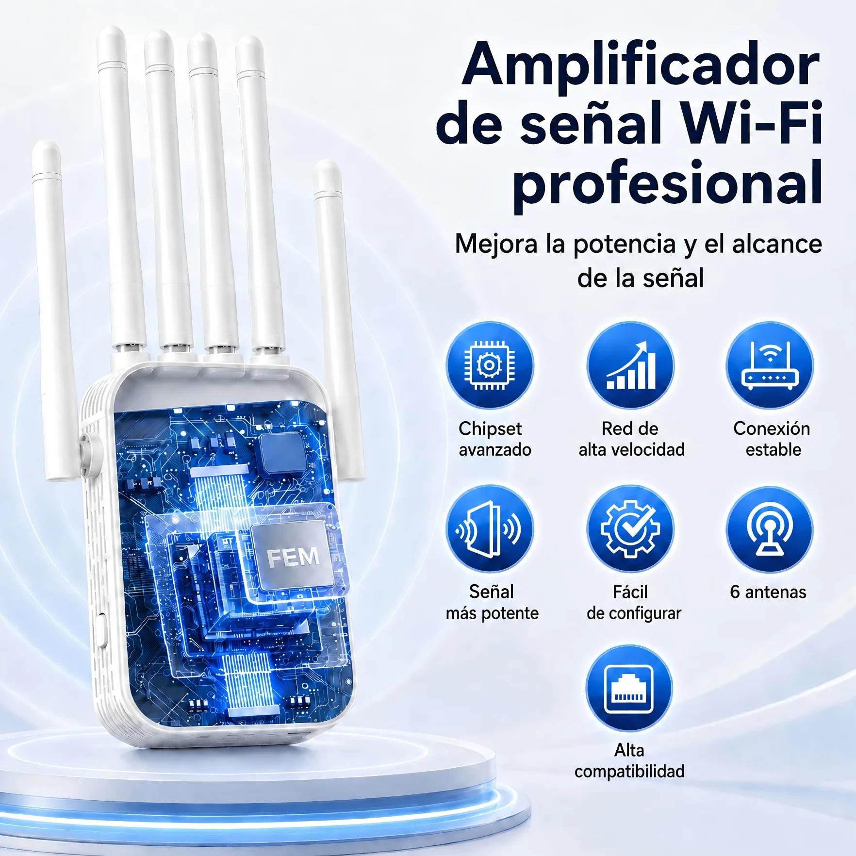 Repetidor WiFi Largo Alcance, Amplificador Señal WiFi, Señal Cobertura hasta 1200 m² para 50 Dispositivos, Extensor de WiFi con 6 Antenas, 2 Puertos Ethernet, Compatible con Todos los Routers