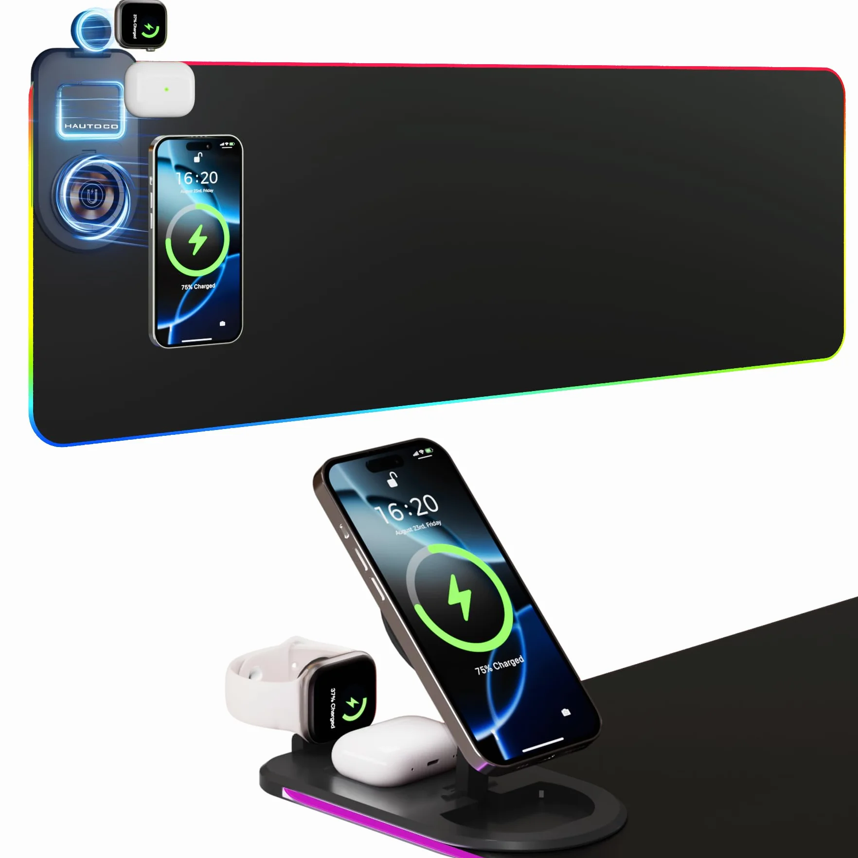 HAUTOCO Alfombrilla de mouse de carga inalámbrica de 15 W RGB para juegos, impermeable, con soporte para teléfono, 35.4 x 11.8 pulgadas, almohadilla de escritorio extra grande, base antideslizante