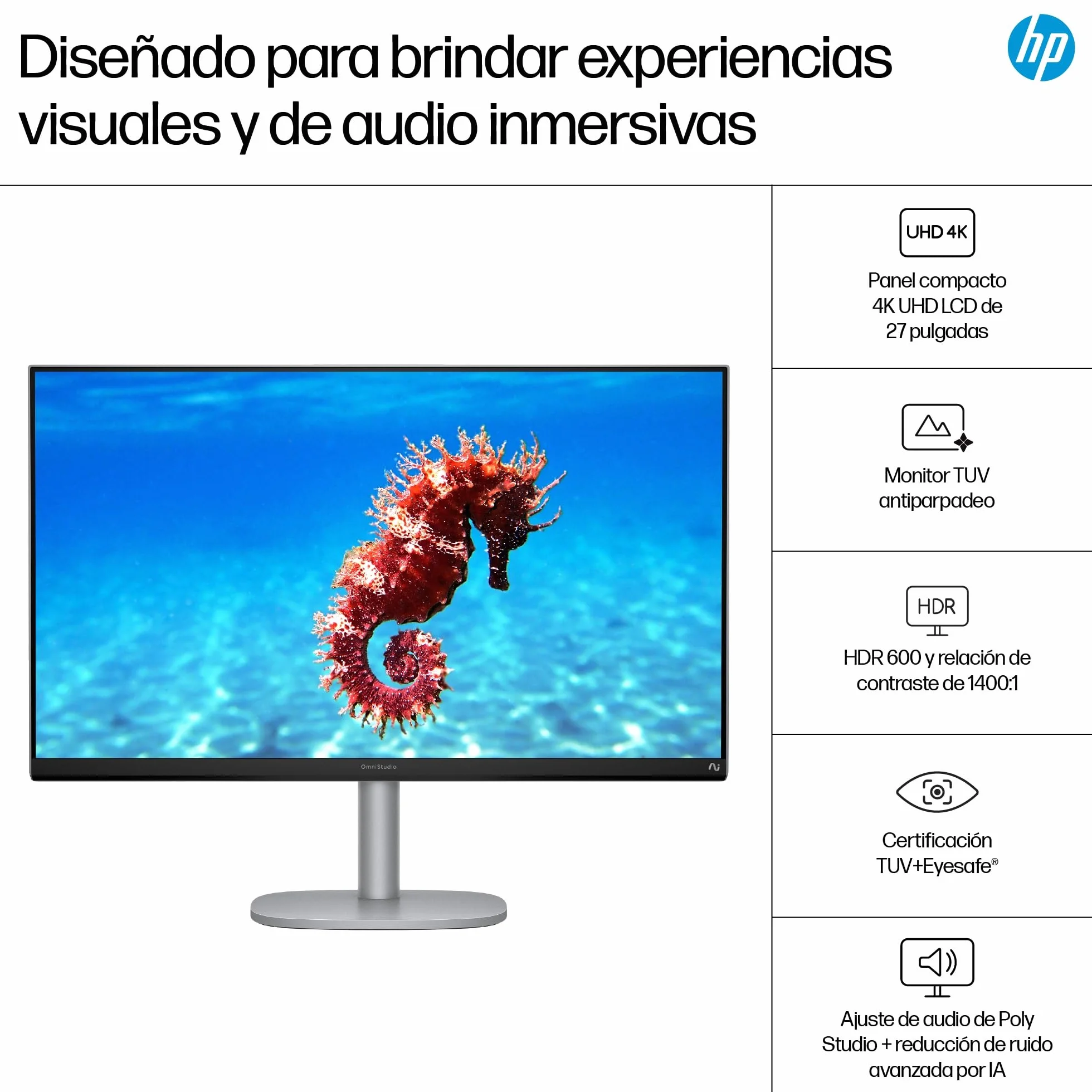 HP OmniStudio X All-in-One 27" 4K UHD (Procesador Intel Core Ultra 7 258V con IA, 32GB RAM, 1TB SSD, Gráficos Intel ARC, Windows 11 Home) Teclado QWERTY Español - Silver