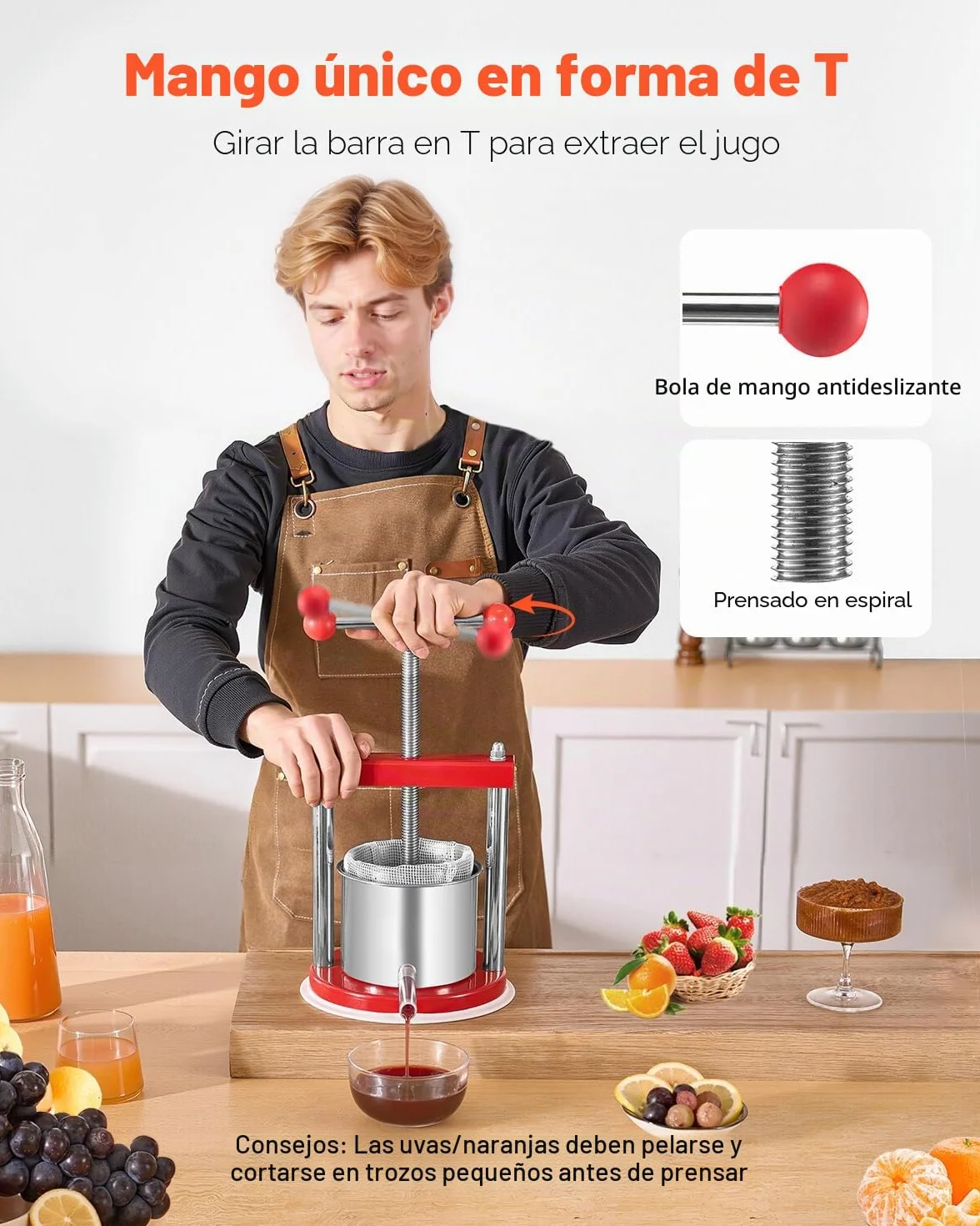 VEVOR Prensa de Vino de Frutas 1,65 L, 2 Barriles de Acero Inoxidable, 220 x 497 mm