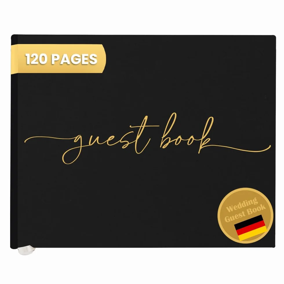 Plantvibes Libro de visitas premium para bodas, 120 páginas, estilo vintage, título dorado, negro
