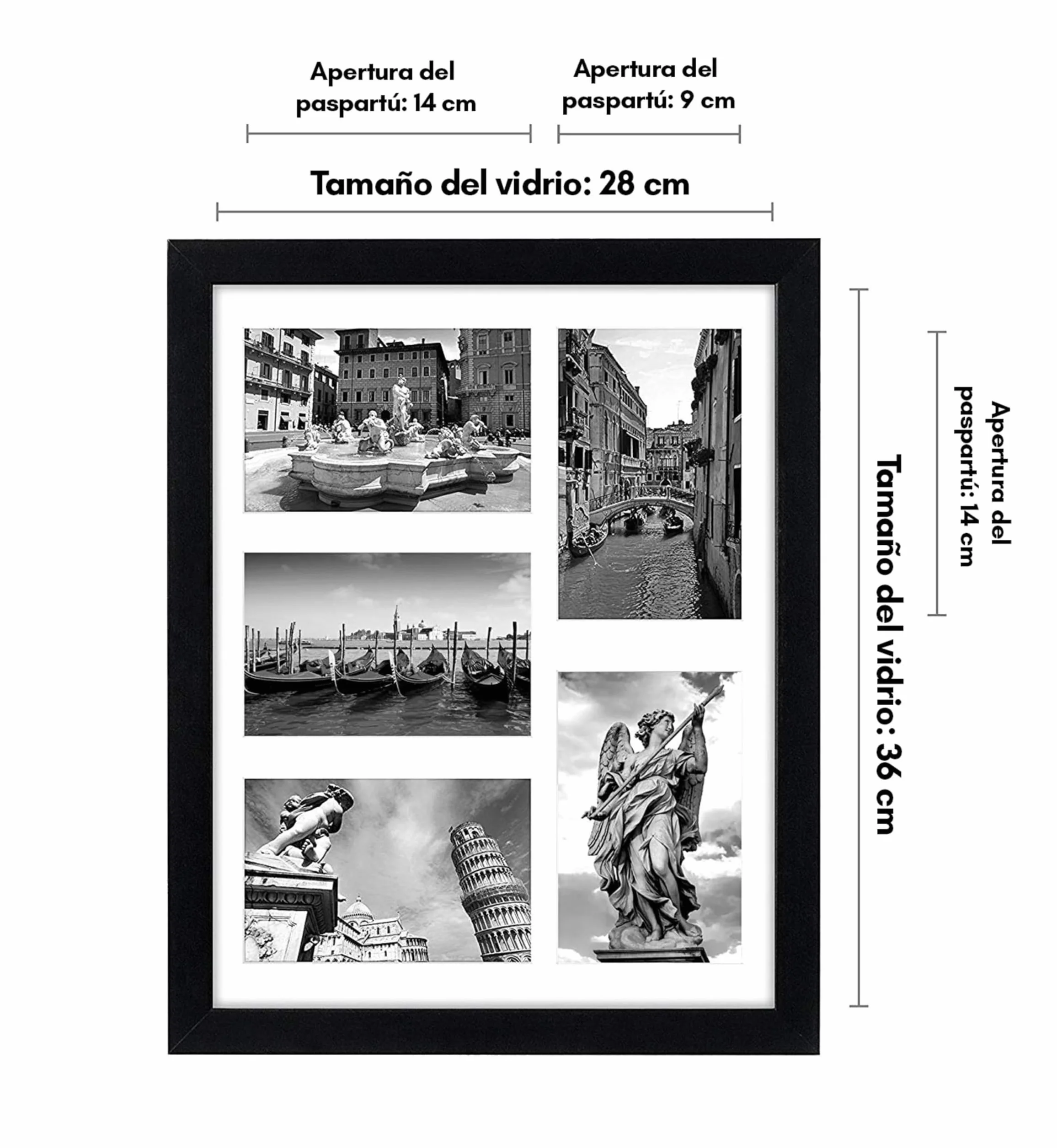 Americanflat Portafotos Multiple 28x36 cm Negro - Marco de Fotos 10x15 cm para 5 Fotos - MDF con Vidrio