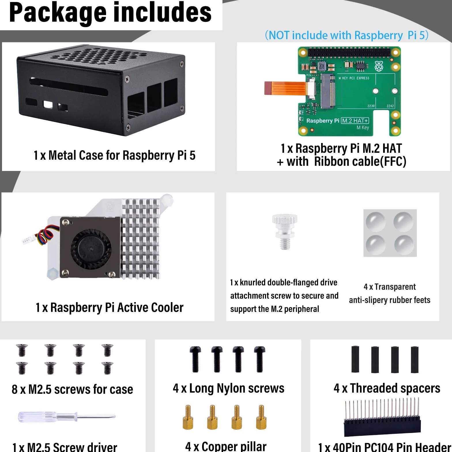 GeeekPi Metal Case for Raspberry Pi 5 with Official M.2 Hat+ and Active Cooler, Support M.2 SSD 2230/2242