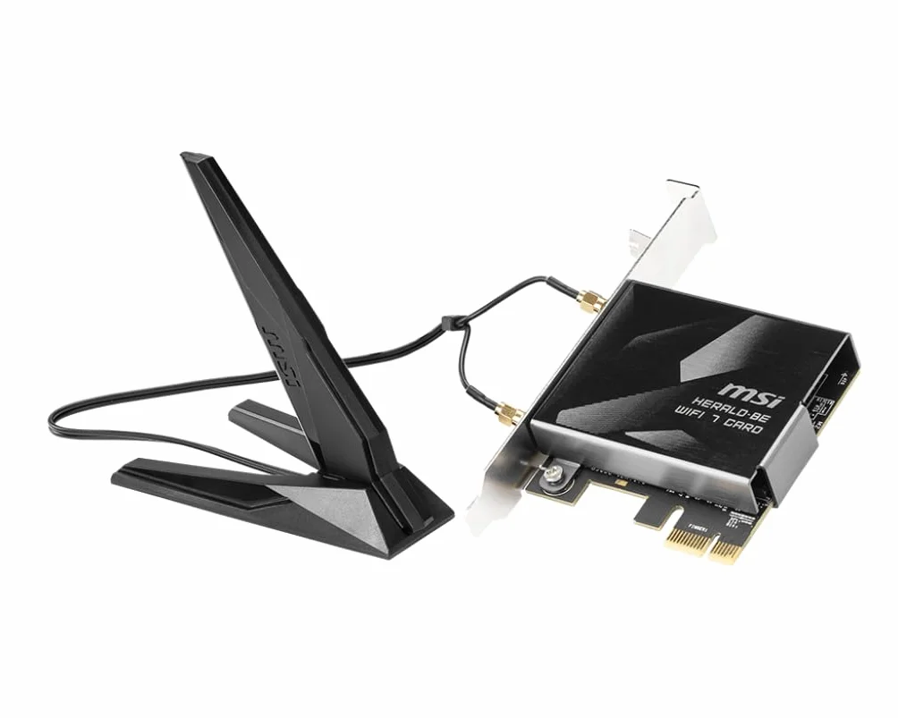 MSI Herald-BE WI-FI 7 MAX Tarjeta de Red Inalámbrica (Wi-Fi 7, 802.11BE, Bluetooth 5.4, PCIe, tecnología de operación multienlace, Antena Externa)