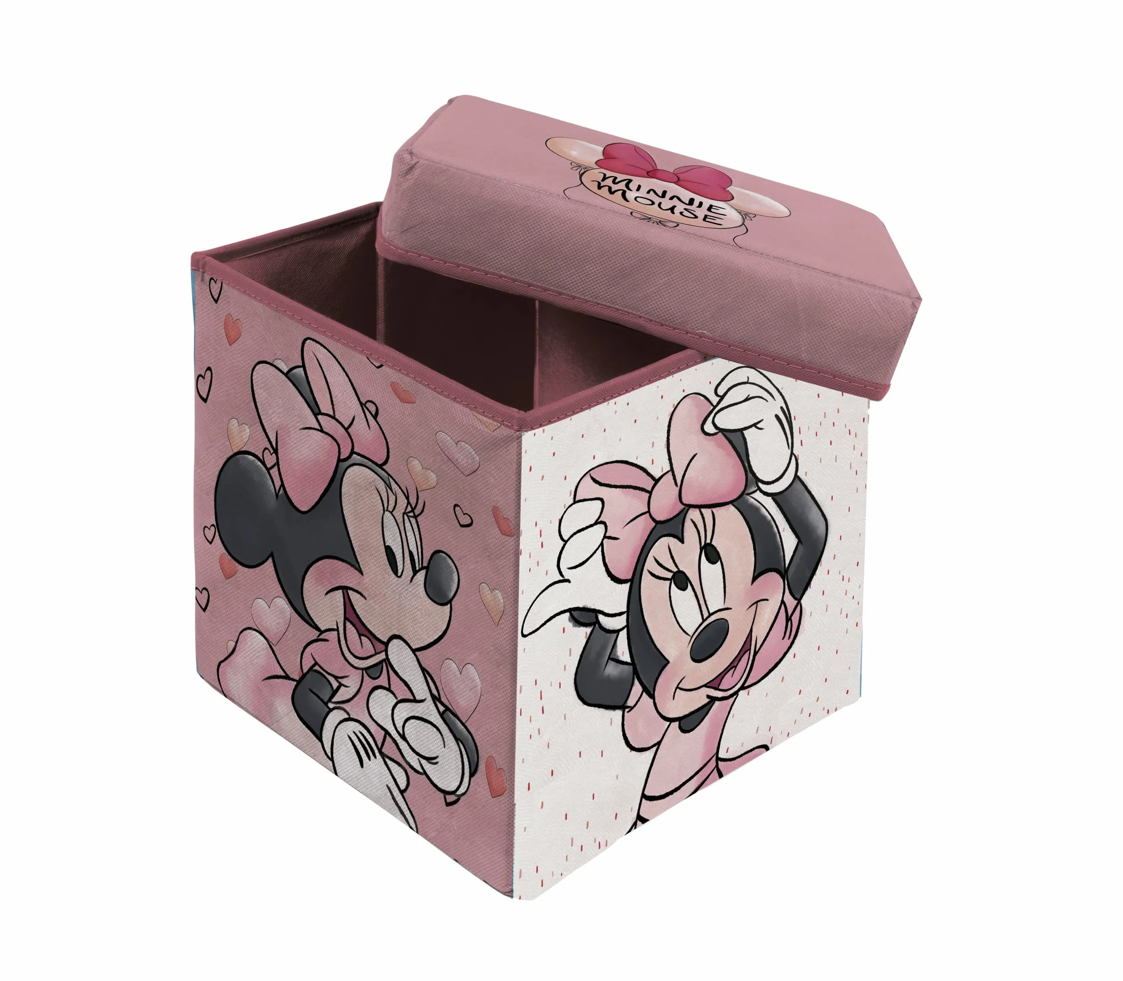 Cubo de almacenaje y asiento Minnie Mouse 30x30x30 cm Taburete infantil plegable con tapa acolchada Organizador de juguetes