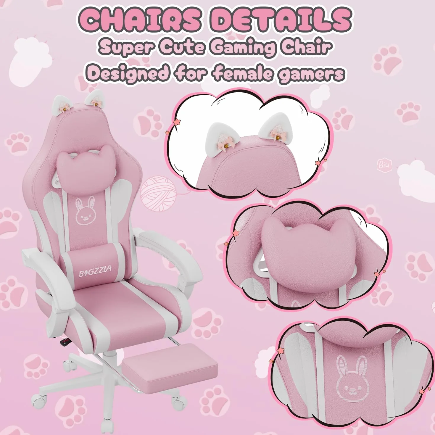 bigzzia Silla Gaming Ergonómica con Orejas de Gato Ajustable Altura Reposacabezas Soporte Lumbar Masaje Blanco Rosado