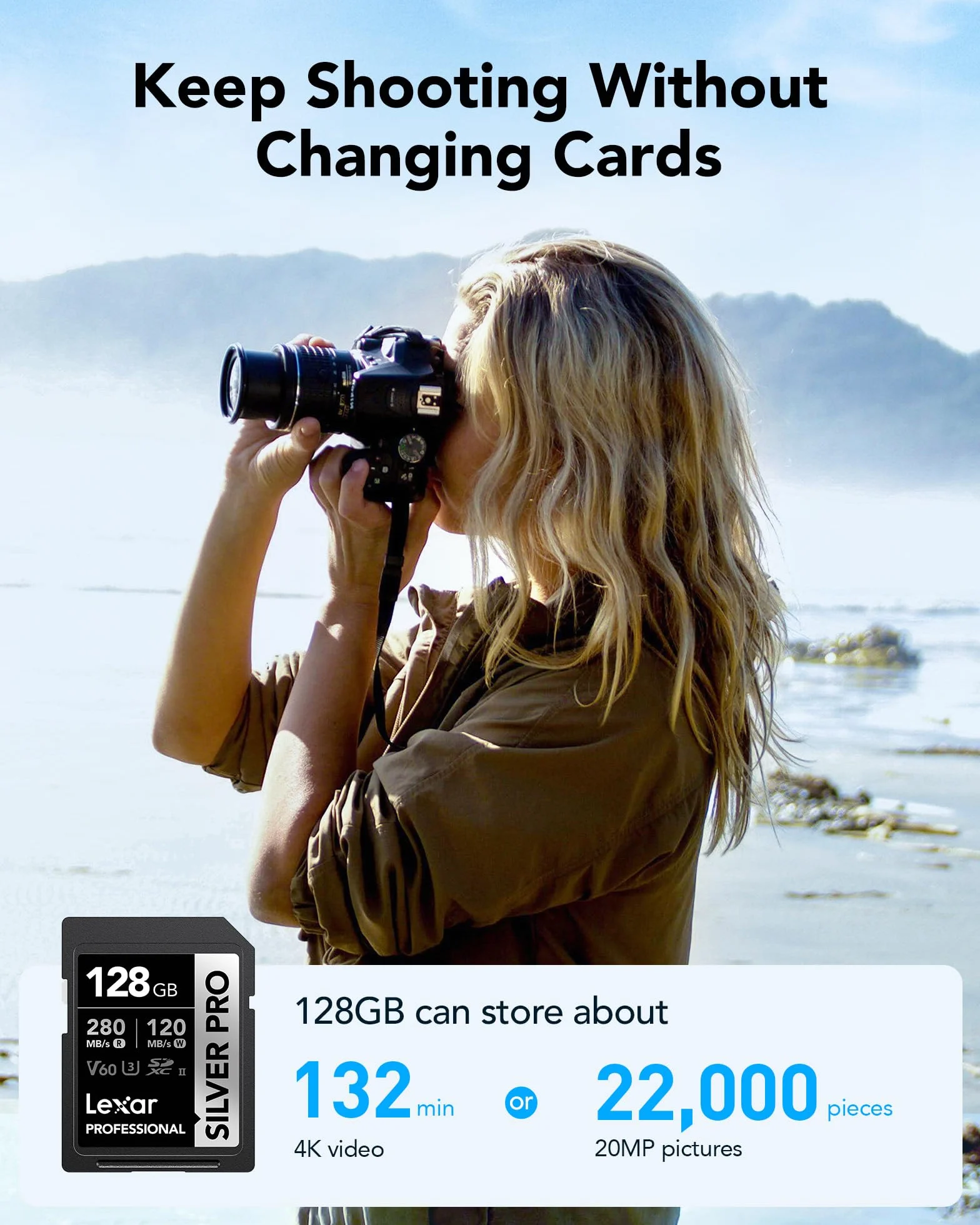 Lexar SILVER PRO Tarjeta SD de 128GB, tarjeta de memoria SD UHS-II, V60, U3, C10, lectura de hasta 280MB/s, escritura de 120MB/s, tarjeta SDXC para DSLR/cámara/fotógrafo/videógrafo (LSDSIPR128G-BNNAA)