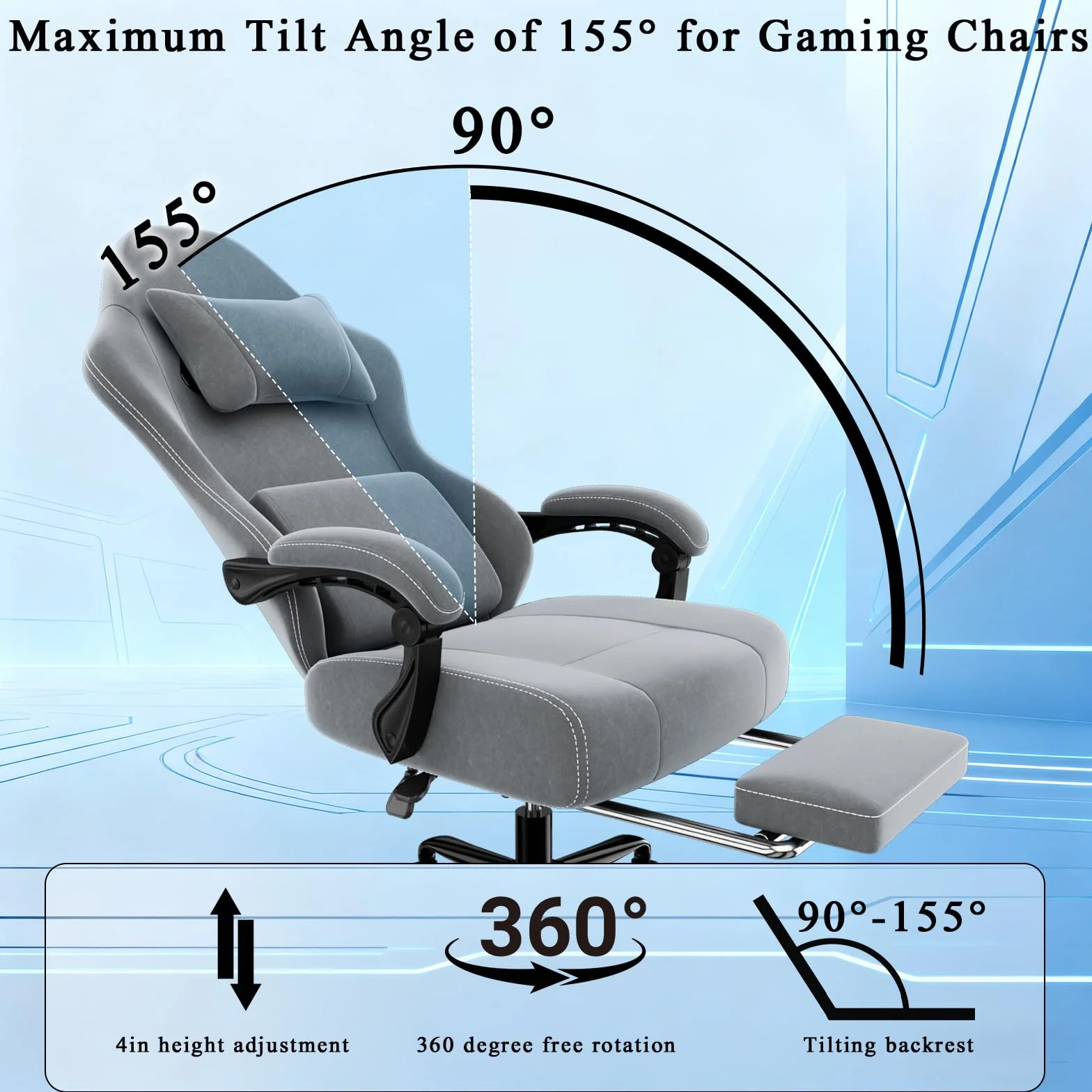 Silla Gaming Ergonómica con Muelles Ensacados, Reposapiés y Cojín Lumbar Ajustable, Gris Claro, Tamaño Grande