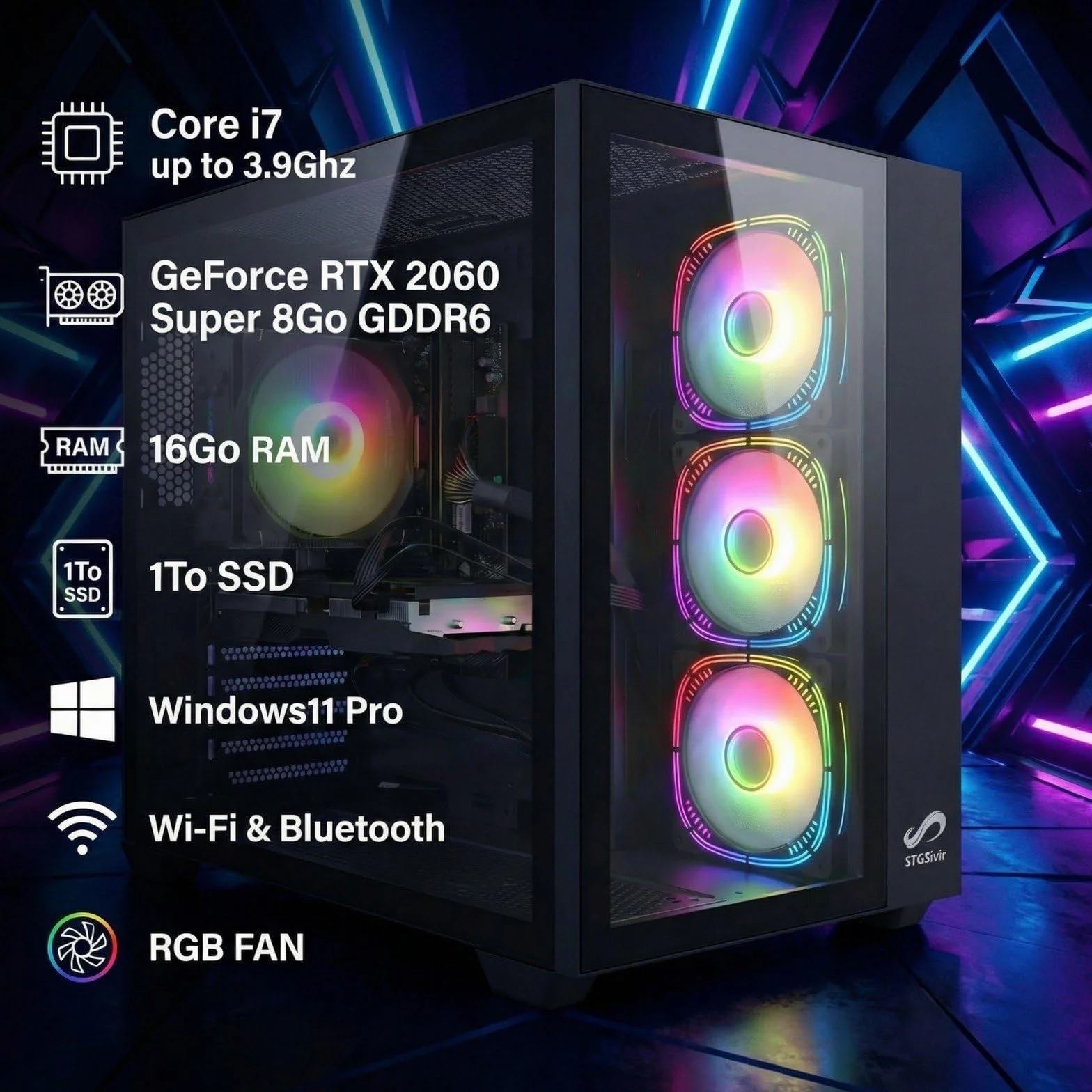 STGsivir PC Gaming, Ordenador de Sobremesa Gaming, GeForce RTX 2060 Super 8GB GDDR6,Core i7 hasta 3.9Ghz,16GB DDR,1TB SSD,WiFi 6,BT5.0,RGB Ventiladores x3,Windows 11 Pro