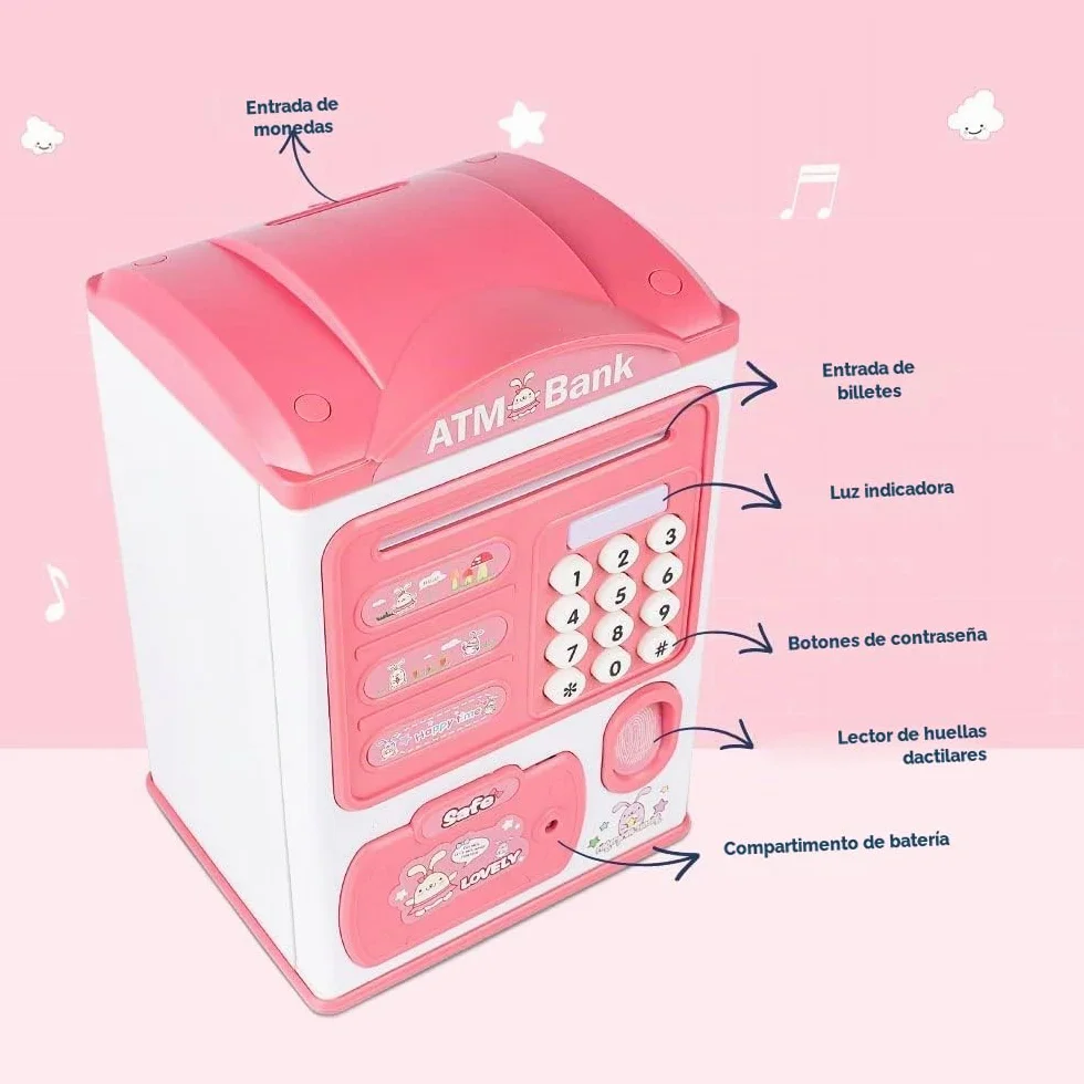 Alcancía Electrónica Infantil con Huellas Dactilares y Bloqueo de Contraseña, Mini Caja Fuerte para Niños, Juguete de Regalo (Rosa)