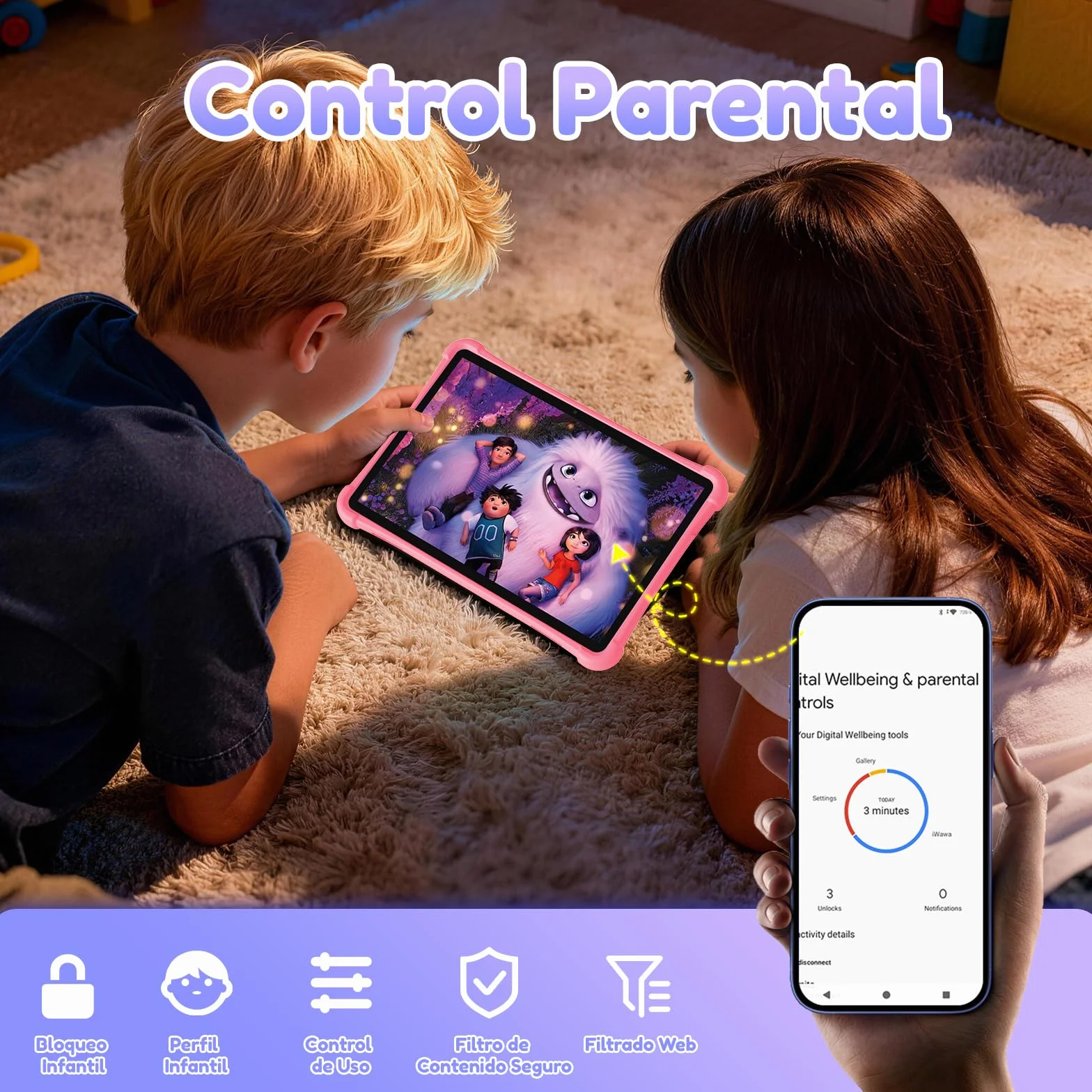ALLDOCUBE Tablet Niños 10 Pulgadas, Tableta Infantil Android 15, 7 GB+64 GB, Batería 5500mAh, Wi-Fi, BT, GPS, Control Parental, iWAWA Preinstalado, Tableta Educativa para Niños con Funda