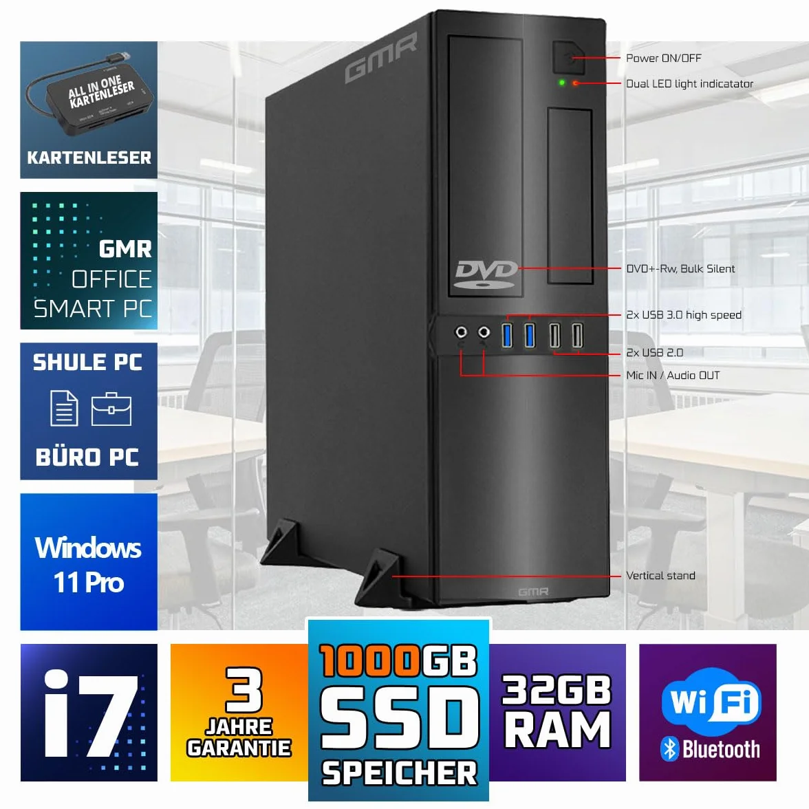 GMR Ultra Slim i7 Office PC, Computadora de Oficina de Negocios, garantía de 3 años, 32 GB RAM, 1000 GB SSD, DVD±RW, USB 3, Windows 11 Prof, WiFi Bluetooth