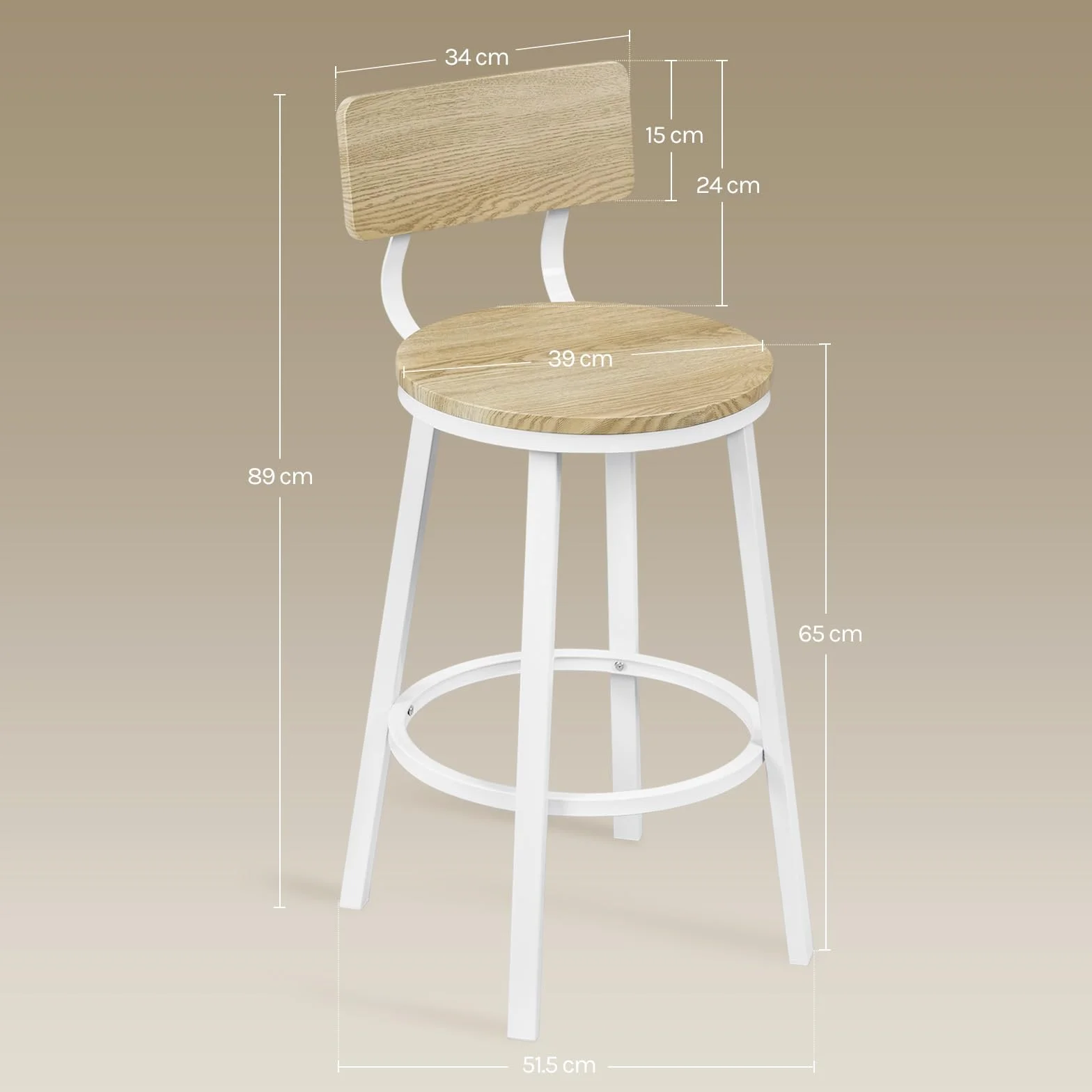 WOLTU Taburetes Bar Juego de 2, Taburetes Altos Cocina con Respaldo y Reposapiés, Base de Metal, Roble Claro