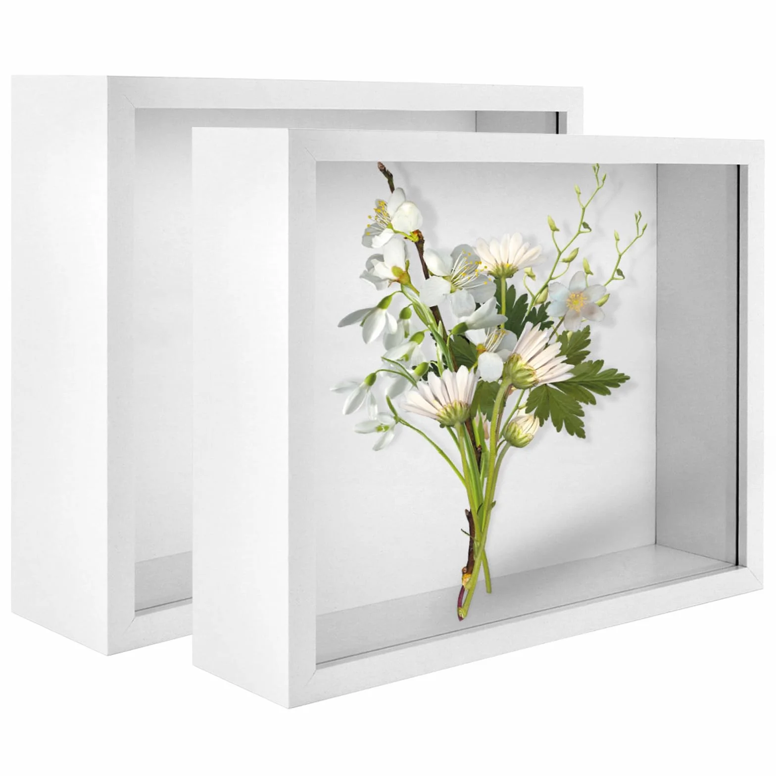 Pack de 2 marco Fotos 20x25 Blanco, 3d Profundo con Cristal Acrilico y MDF, Portafotos para Recuerdos, Flores Secas, Objetos Pequenos, Pared y Mesa