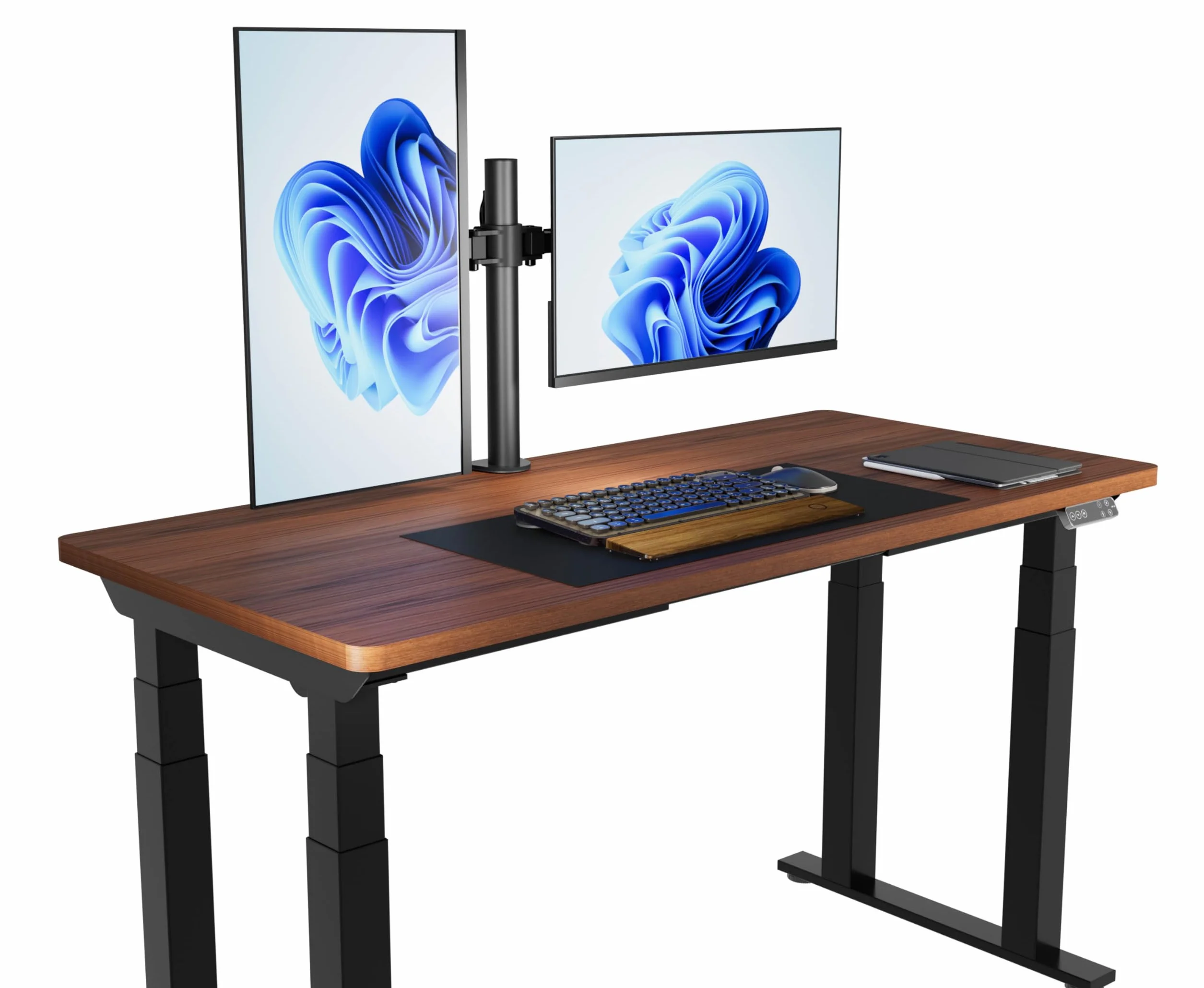 Amazon Basics Soporte para dos pantallas con brazo de montaje con altura ajustable, rotación de 360°, inclinación de pantalla ajustable y organizador de cables (acero), Negro