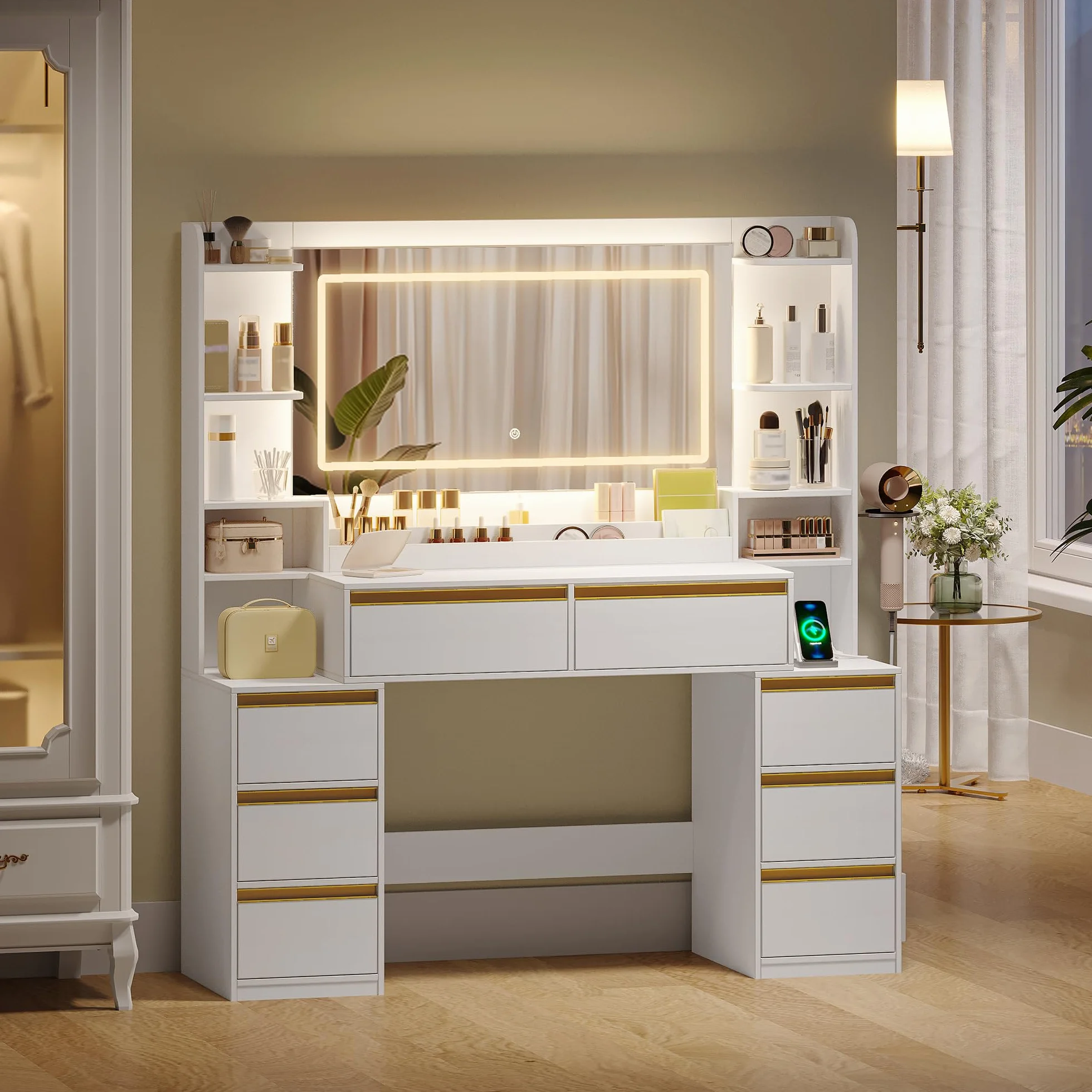 Tocador de Maquillaje con Luz LED, 135 cm, 8 Cajones, Blanco-Dorado