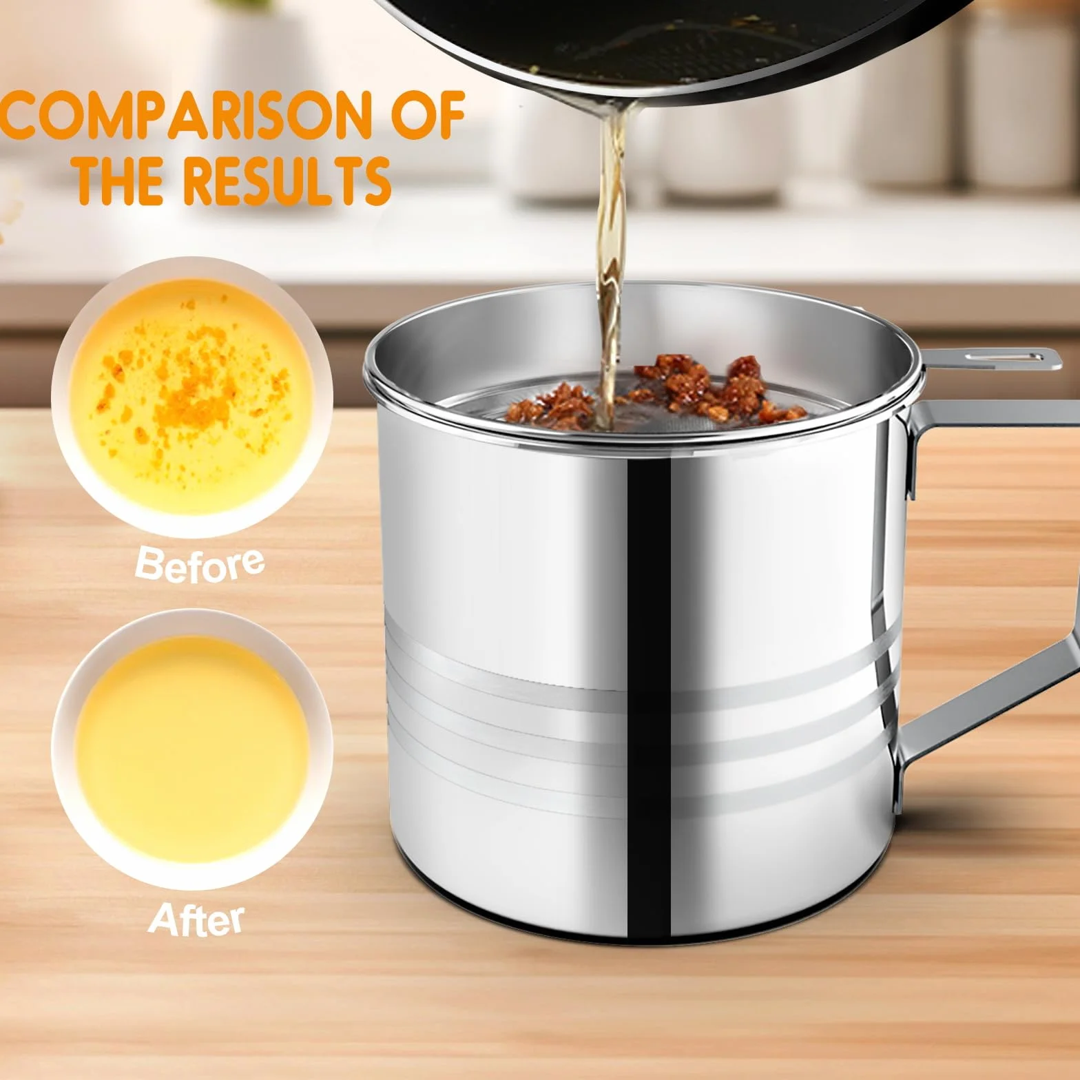 Chihee Contenedor de grasa de tocino de acero inoxidable 1.2 litros con colador de malla fina y tapa a prueba de polvo