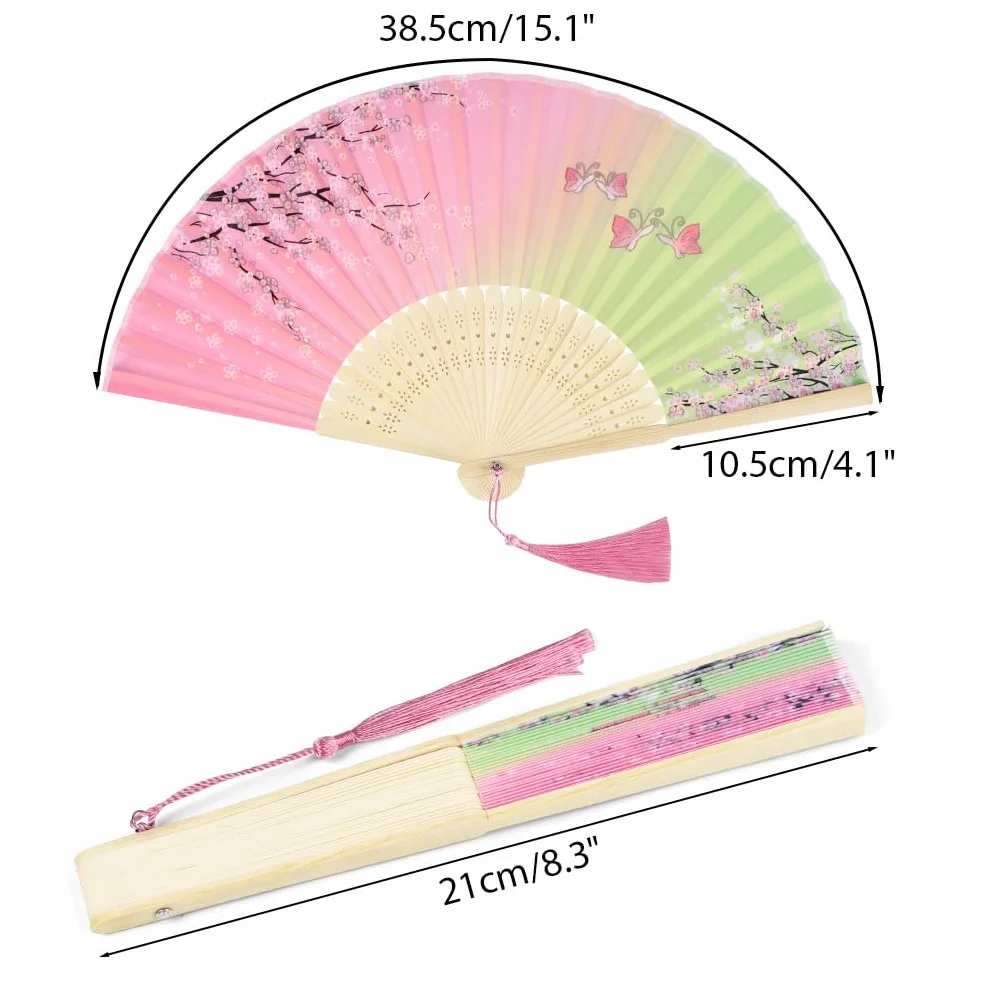 Abanico de bambú plegable chino con borla verde rosa