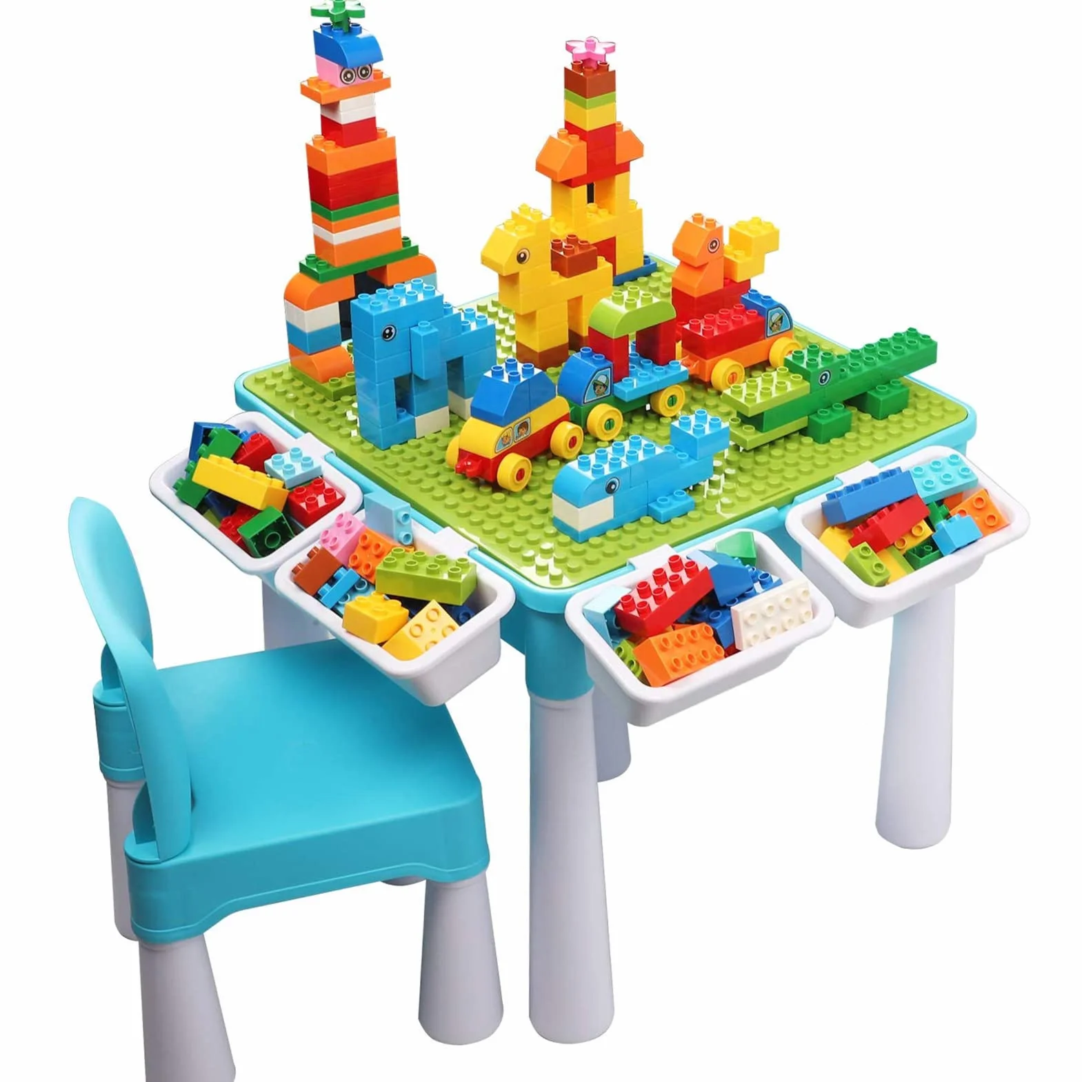 Burgkidz Juego de Mesa 5 en 1 Construcción 128 Piezas Bloques Grandes Mesa y Silla Infantil Azul